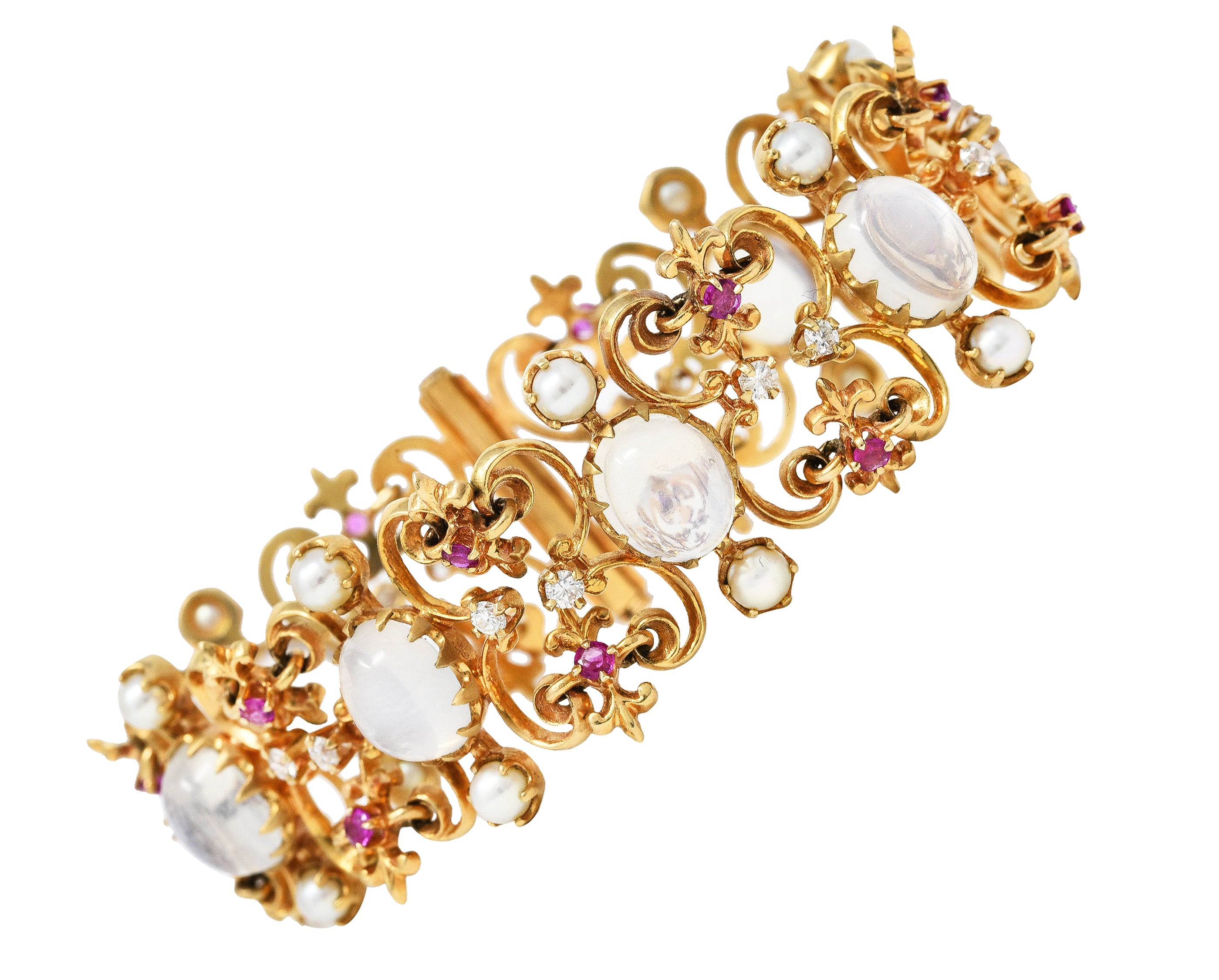 Victorian Diamond Ruby Moonstone Pearl 14 Karat Yellow Gold Fleur-De-Lis Antique Station Link Bracelet Wilson's Estate Jewelry