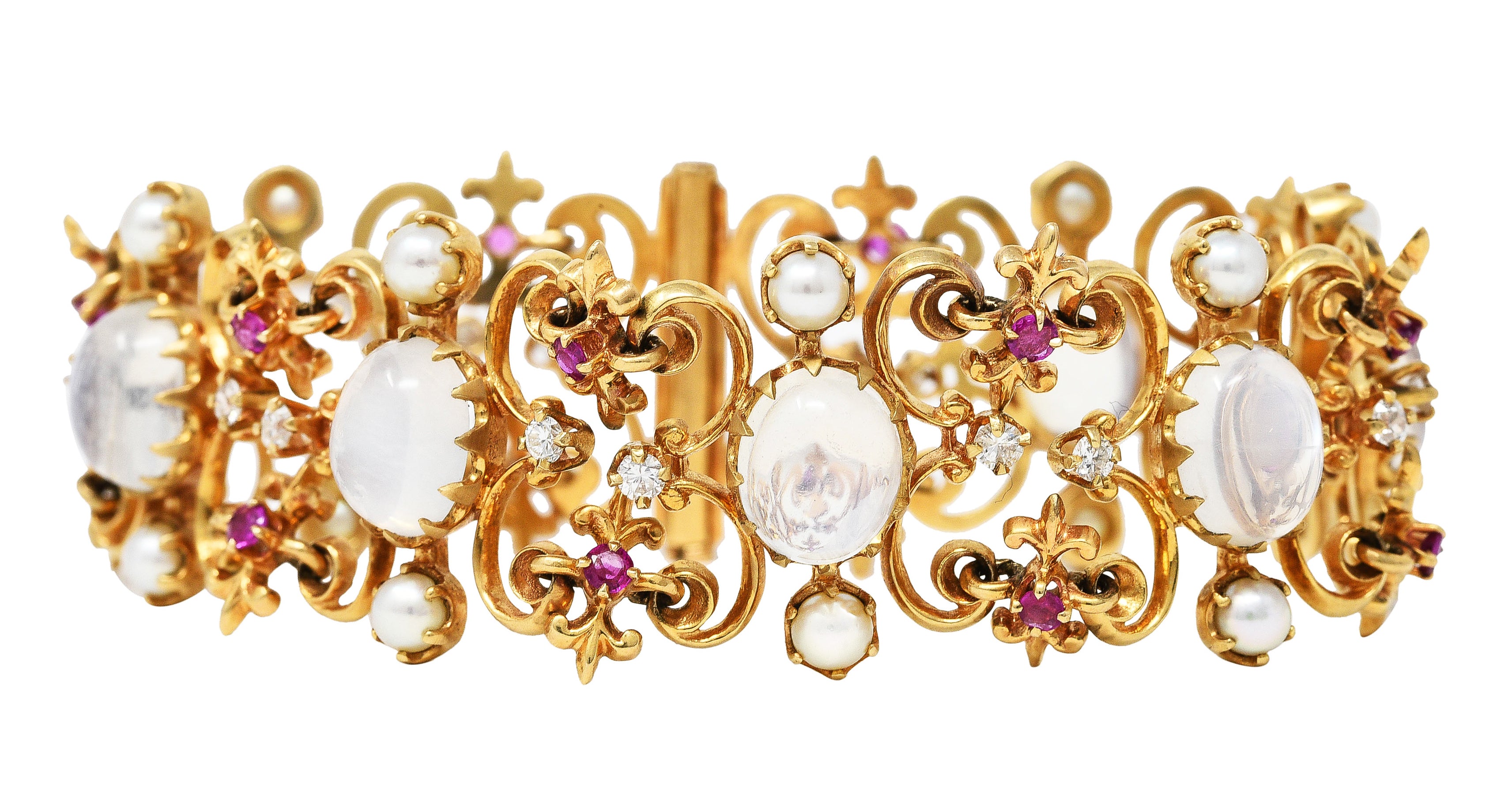 Victorian Diamond Ruby Moonstone Pearl 14 Karat Yellow Gold Fleur-De-Lis Antique Station Link Bracelet Wilson's Estate Jewelry