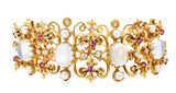 Victorian Diamond Ruby Moonstone Pearl 14 Karat Yellow Gold Fleur-De-Lis Antique Station Link Bracelet Wilson's Estate Jewelry