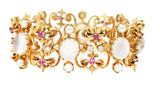 Victorian Diamond Ruby Moonstone Pearl 14 Karat Yellow Gold Fleur-De-Lis Antique Station Link Bracelet Wilson's Estate Jewelry