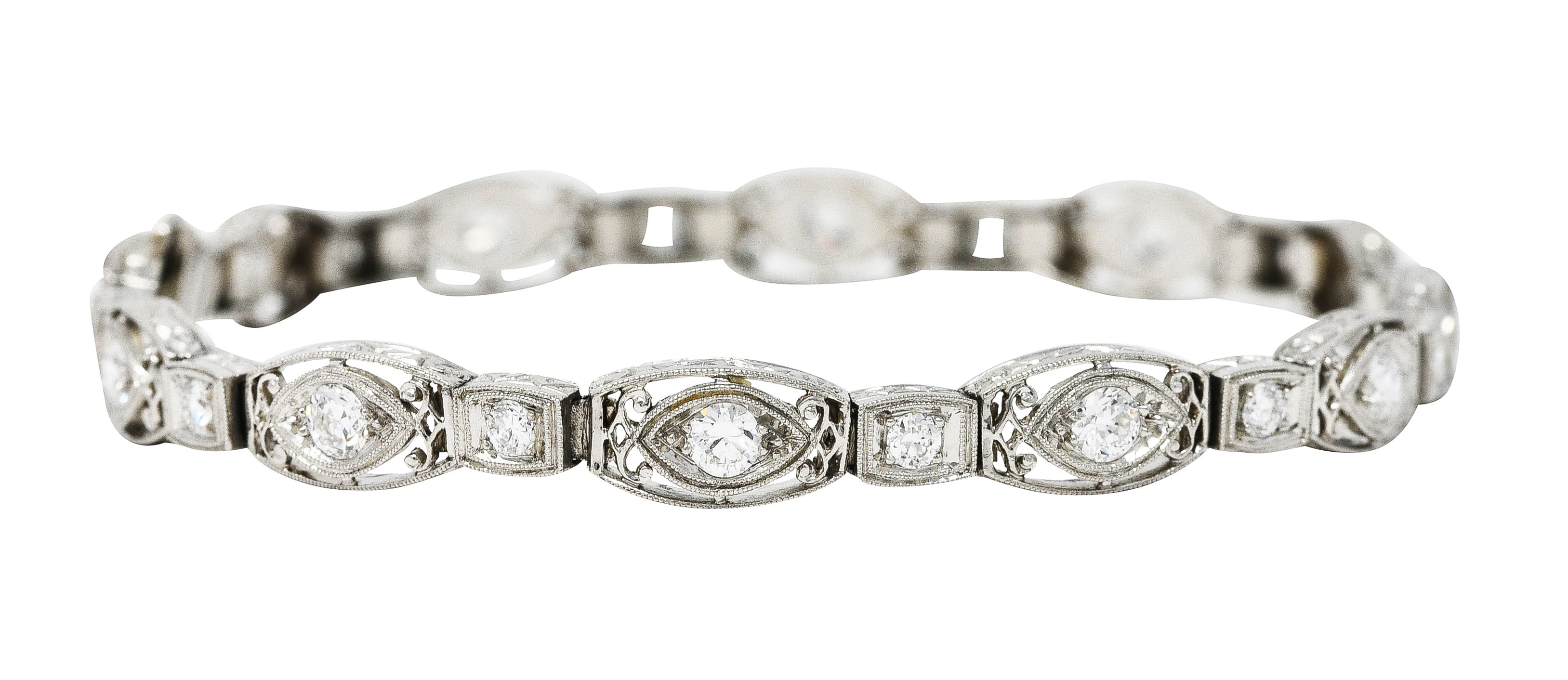 Art Deco 2.25 CTW Diamond Platinum Cushion Link Bracelet Wilson's Estate Jewelry