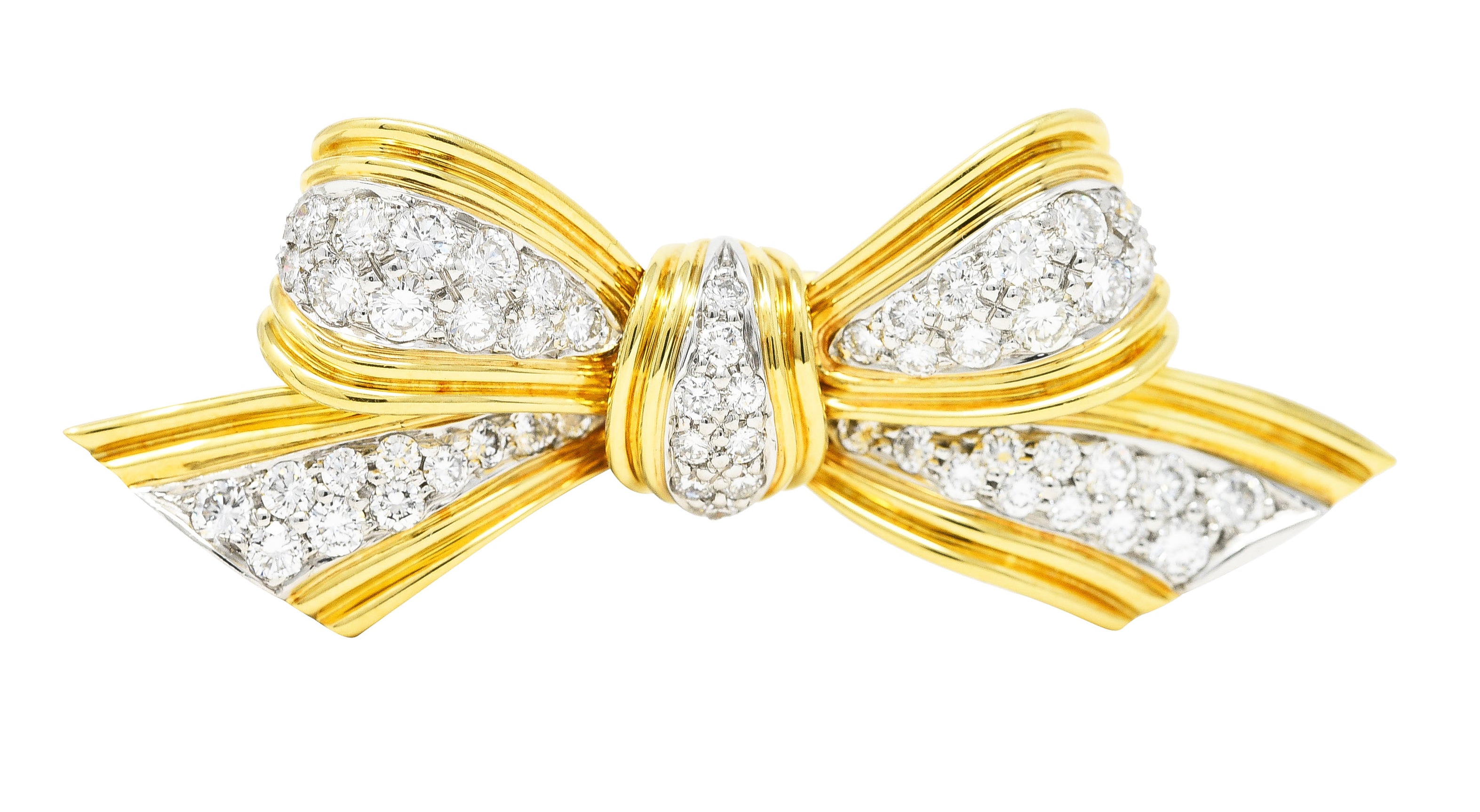 Tiffany 1960's 1.30 CTW Diamond Platinum 18 Karat Yellow Gold Pavé Vintage Bow Brooch Wilson's Estate Jewelry