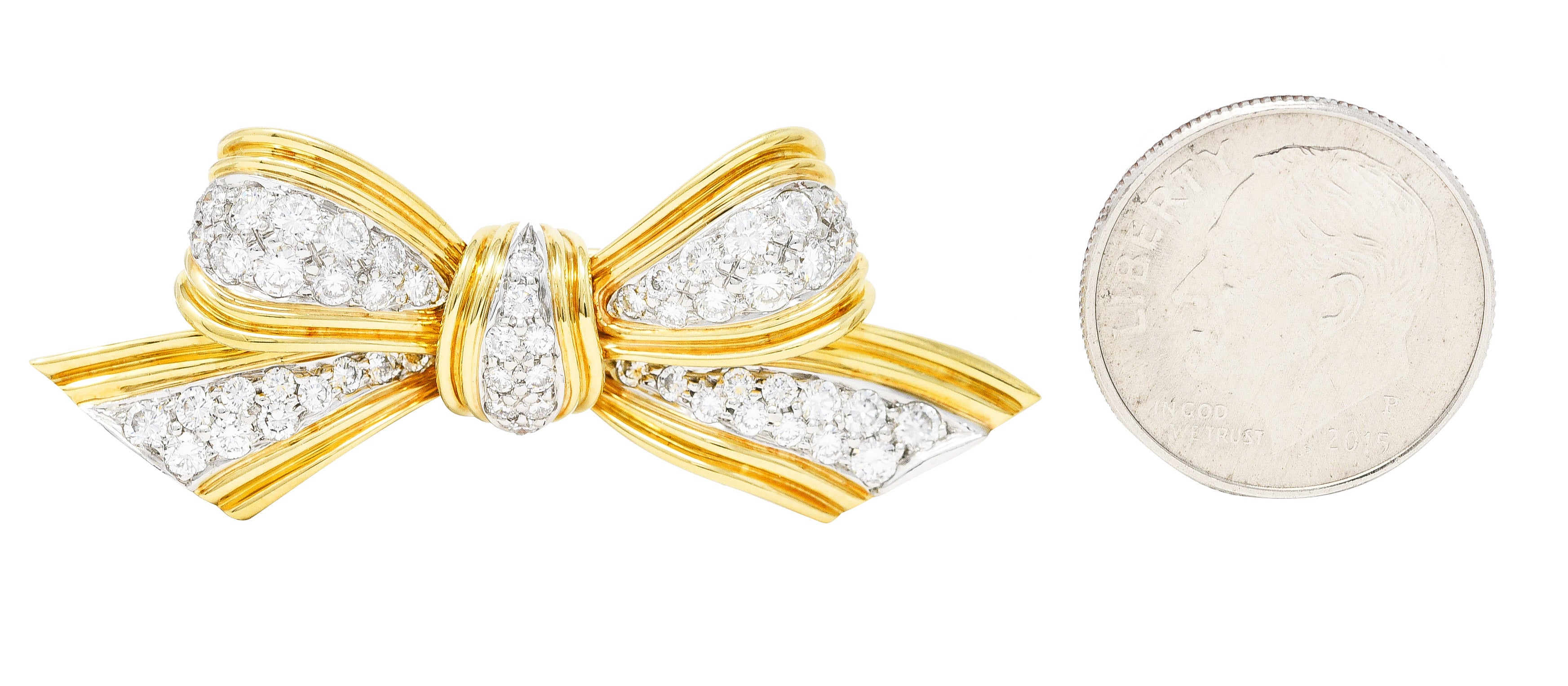 Tiffany 1960's 1.30 CTW Diamond Platinum 18 Karat Yellow Gold Pavé Vintage Bow Brooch Wilson's Estate Jewelry