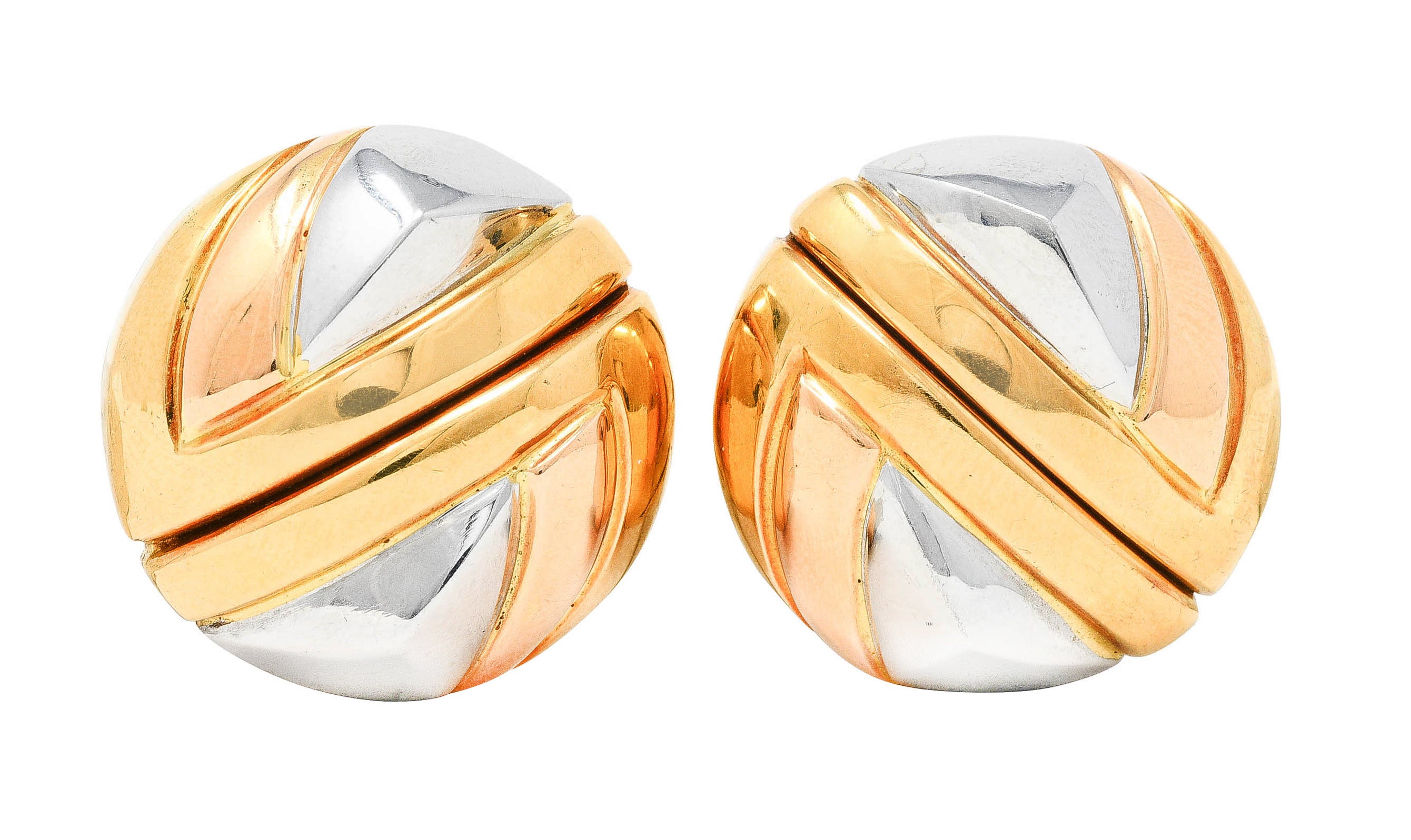 Bulgari Italian 18 Karat Tri-Colored Gold Geometric Vintage Ear-Clip Earrings Wilson's Antique & Estate Jewelry