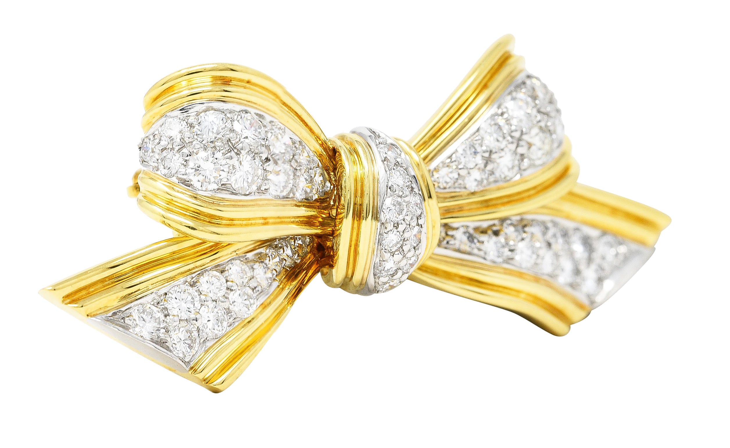 Tiffany 1960's 1.30 CTW Diamond Platinum 18 Karat Yellow Gold Pavé Vintage Bow Brooch Wilson's Estate Jewelry