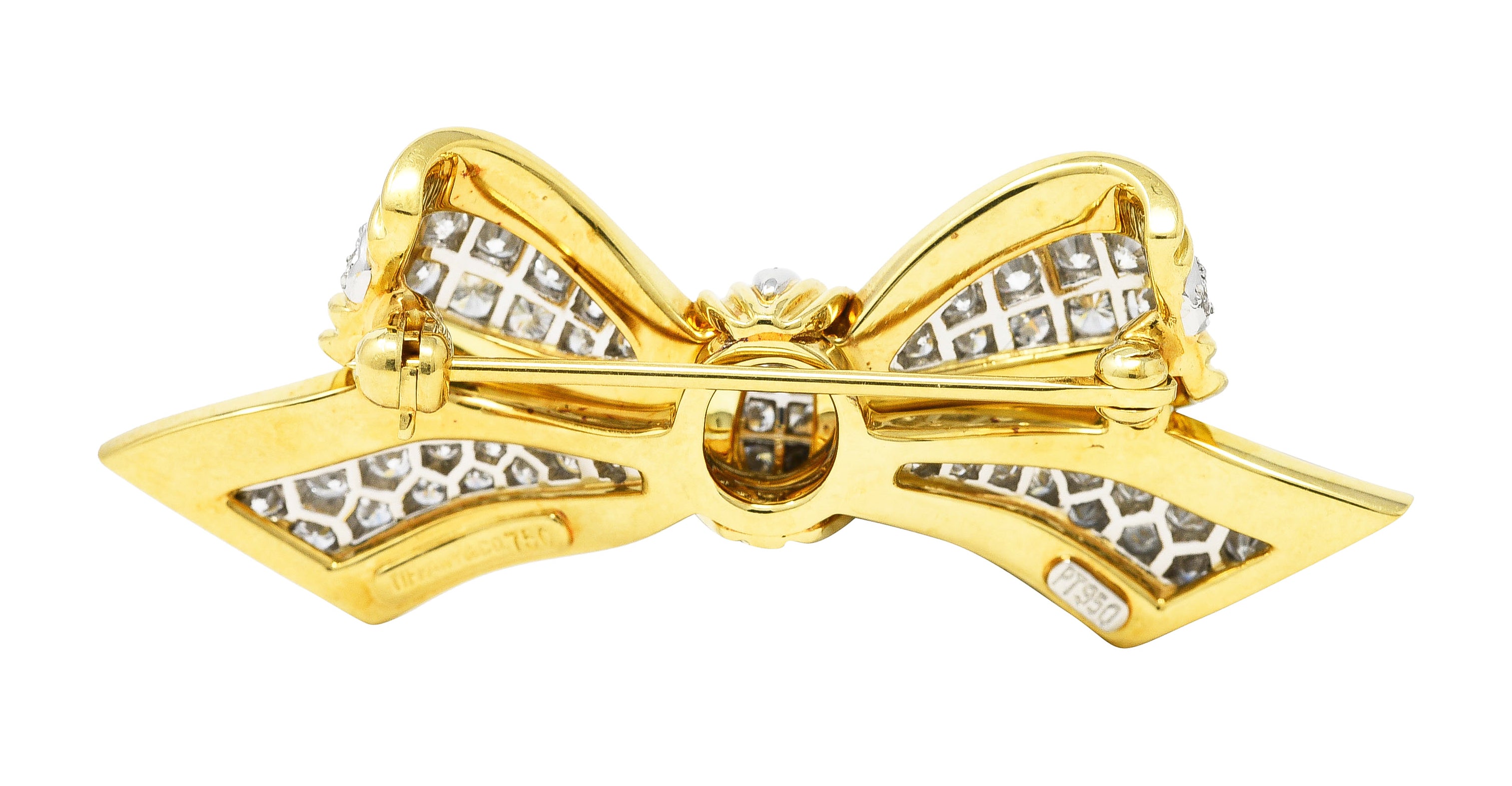 Tiffany 1960's 1.30 CTW Diamond Platinum 18 Karat Yellow Gold Pavé Vintage Bow Brooch Wilson's Estate Jewelry