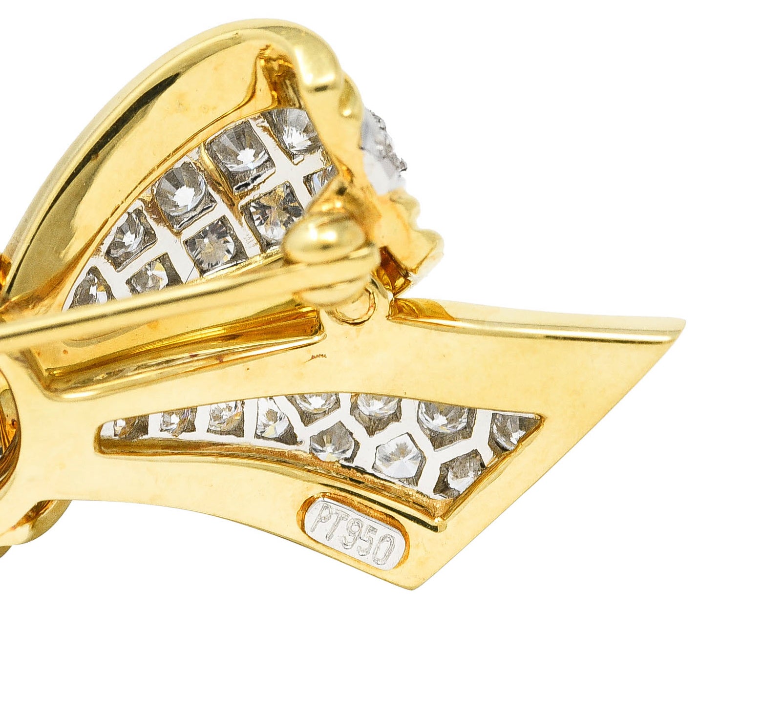 Tiffany 1960's 1.30 CTW Diamond Platinum 18 Karat Yellow Gold Pavé Vintage Bow Brooch Wilson's Estate Jewelry
