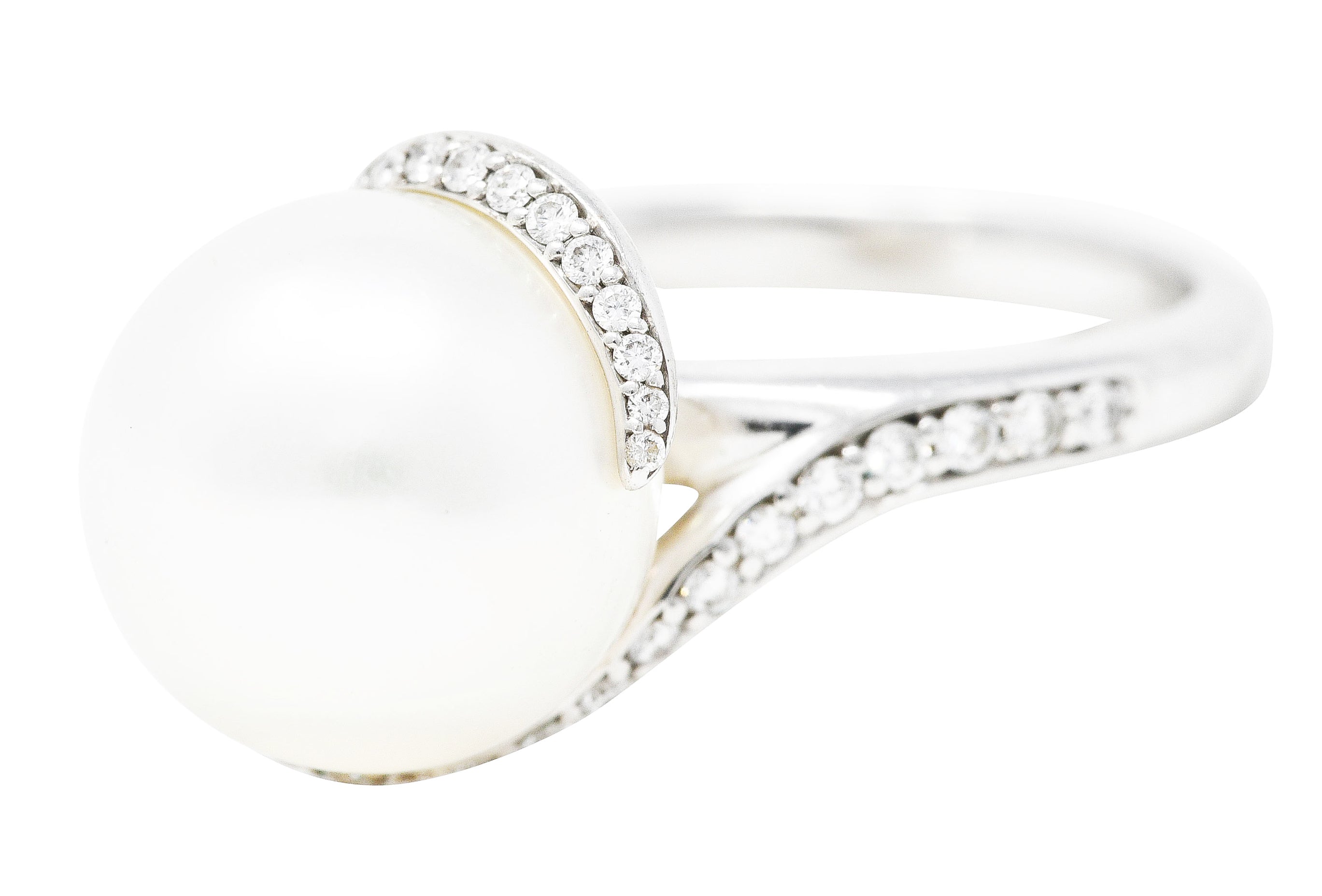 Mikimoto Diamond Cultured South Sea Pearl 18 Karat White Gold Bypass Ring Wilson's Antique & Estate Jewelry