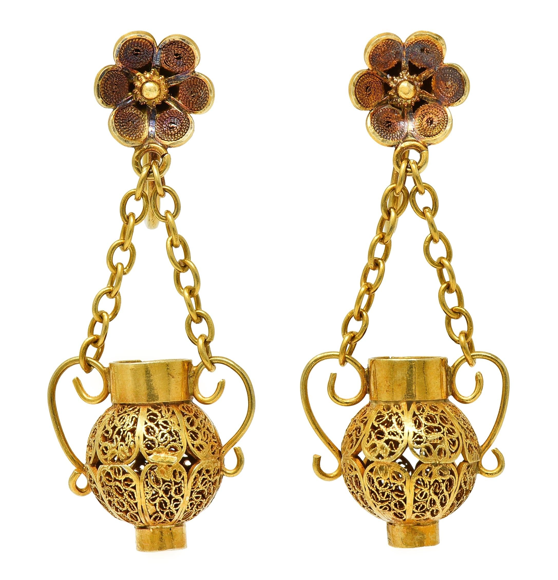 Victorian Etruscan Revival 14 Karat Gold Floral Antique Drop Screw-Back Earrings