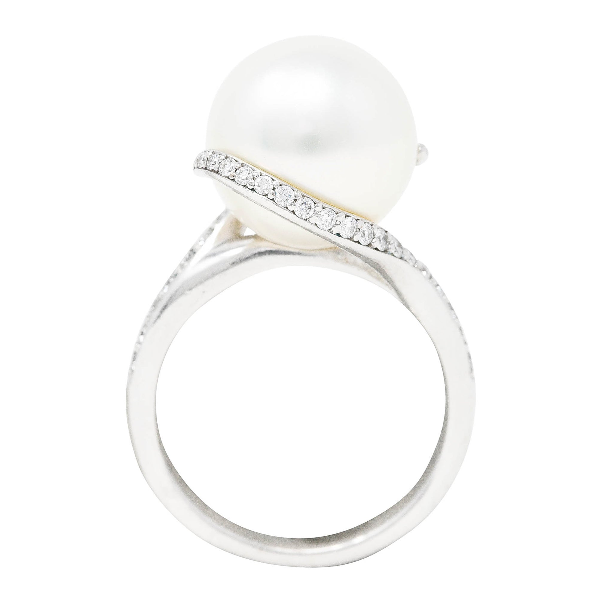 Mikimoto Diamond Cultured South Sea Pearl 18 Karat White Gold Bypass Ring Wilson's Antique & Estate Jewelry