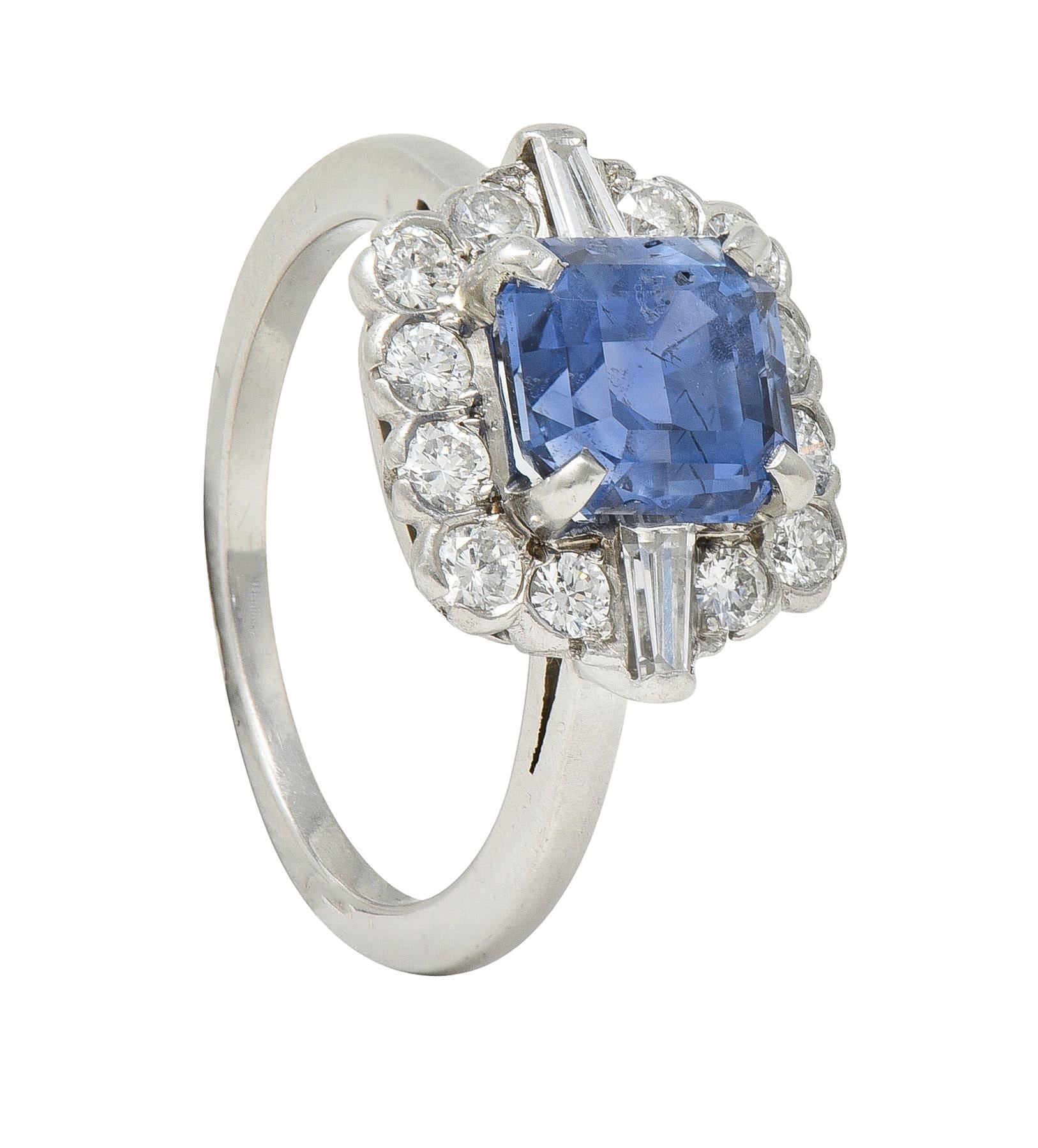 Mid-Century 2.78 CTW No Heat Ceylon Sapphire Diamond Platinum Vintage Ring GIA