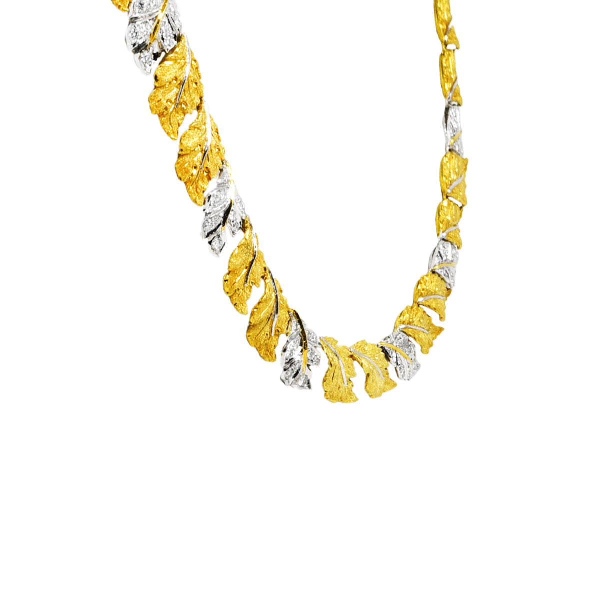 Buccellati 1950's Diamond 18 Karat Two-Tone Gold Segrinato Birch Leaf Vintage Necklace Wilson's Estate Jewelry