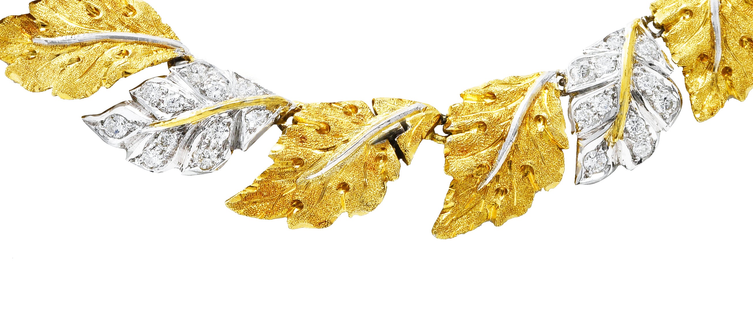 Buccellati 1950's Diamond 18 Karat Two-Tone Gold Segrinato Birch Leaf Vintage Necklace Wilson's Estate Jewelry