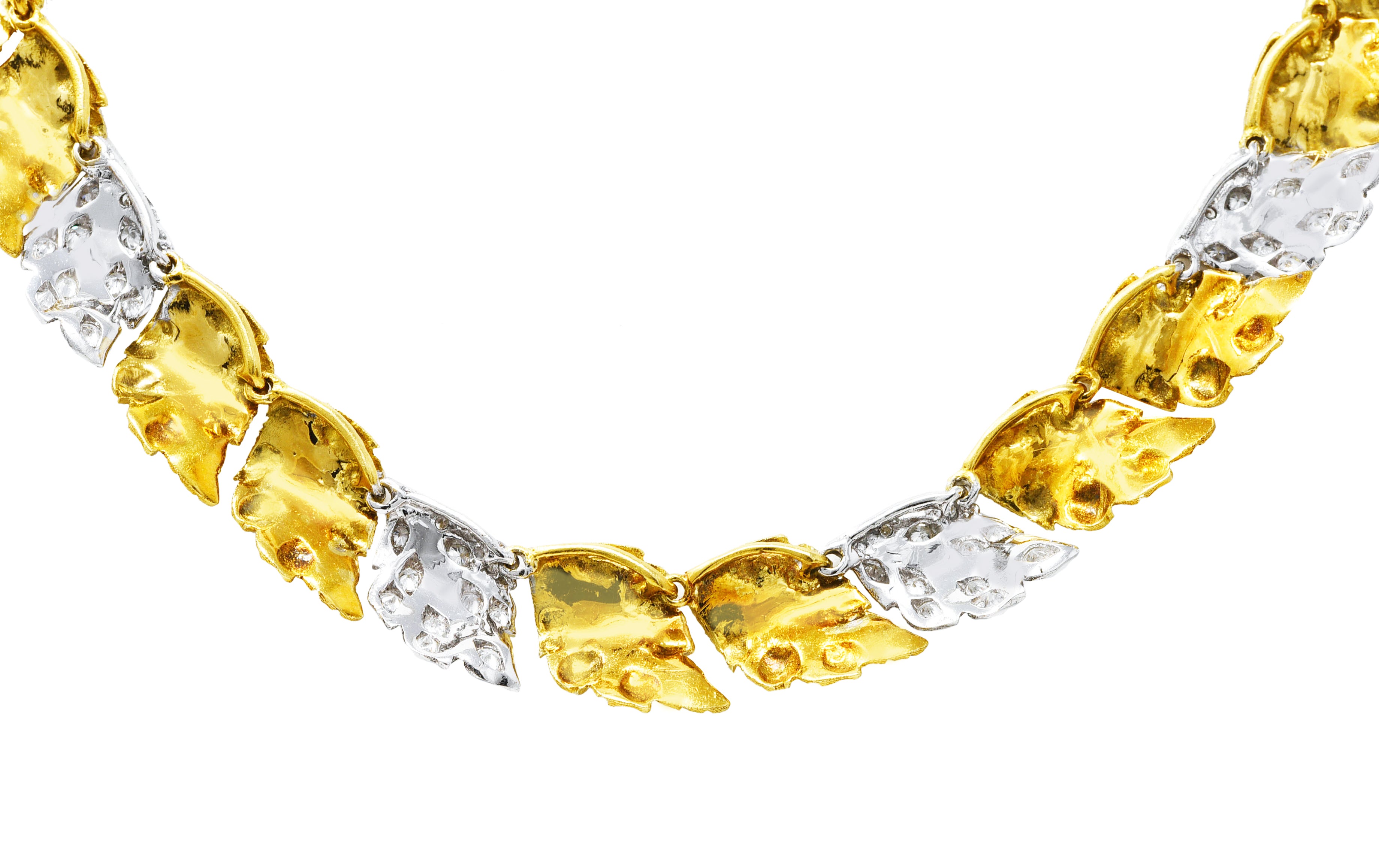 Buccellati 1950's Diamond 18 Karat Two-Tone Gold Segrinato Birch Leaf Vintage Necklace Wilson's Estate Jewelry