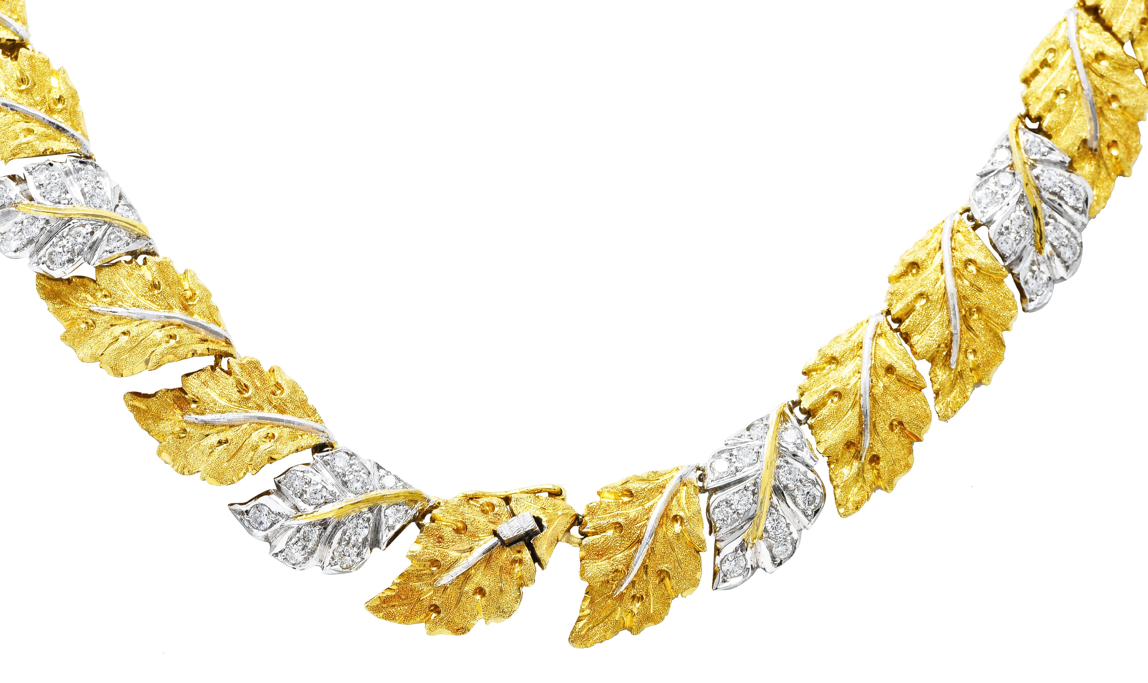 Buccellati 1950's Diamond 18 Karat Two-Tone Gold Segrinato Birch Leaf Vintage Necklace Wilson's Estate Jewelry