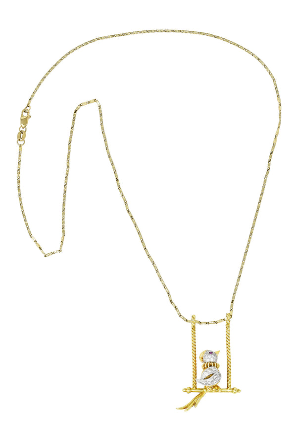 1960's Vintage Ruby Diamond 18 Karat Two-Tone Gold Caged Bird Pendant Necklace Wilson's Antique & Estate Jewelry