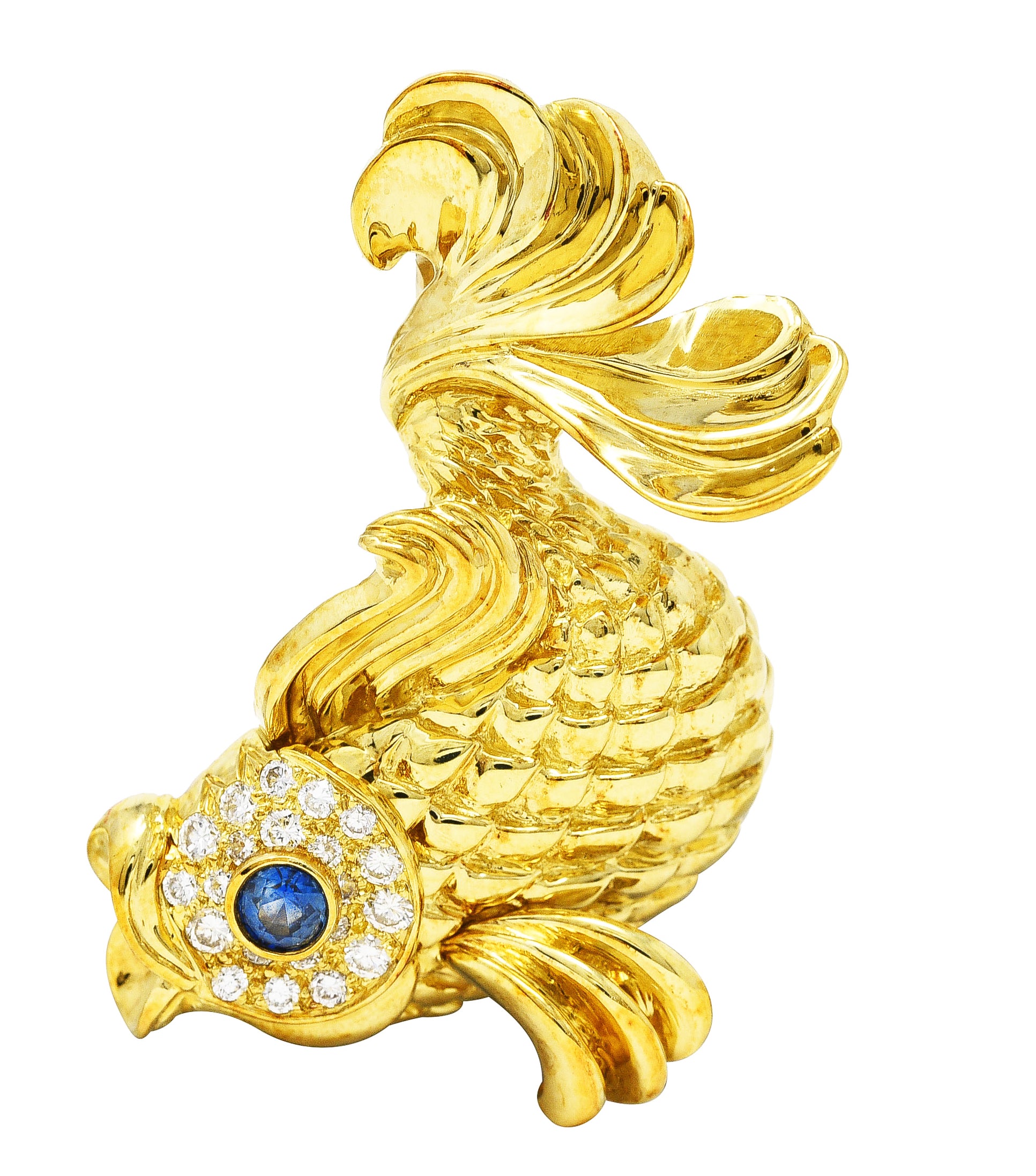 F.J. Cooper 1960's Diamond Sapphire 18 Karat Yellow Gold Koi Fish Vintage Brooch Wilson's Estate Jewelry