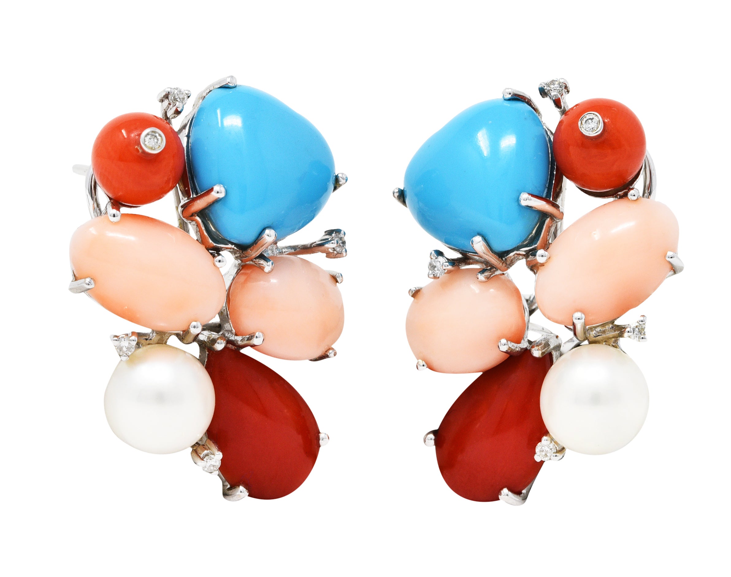 Coral Pearl Diamond Turquoise 18 Karat White Gold Cluster EarringsEarrings - Wilson's Estate Jewelry