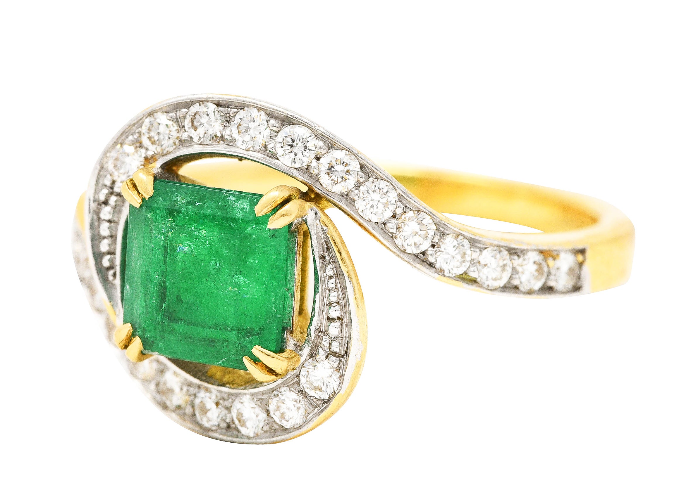 French Maison 1.57 CTW Emerald Diamond 18 Karat Yellow Gold Bypass Ring Wilson's Antique & Estate Jewelry