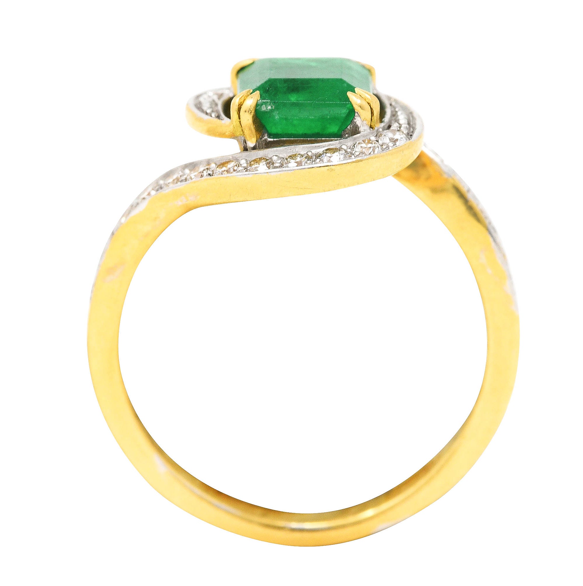 French Maison 1.57 CTW Emerald Diamond 18 Karat Yellow Gold Bypass Ring Wilson's Antique & Estate Jewelry