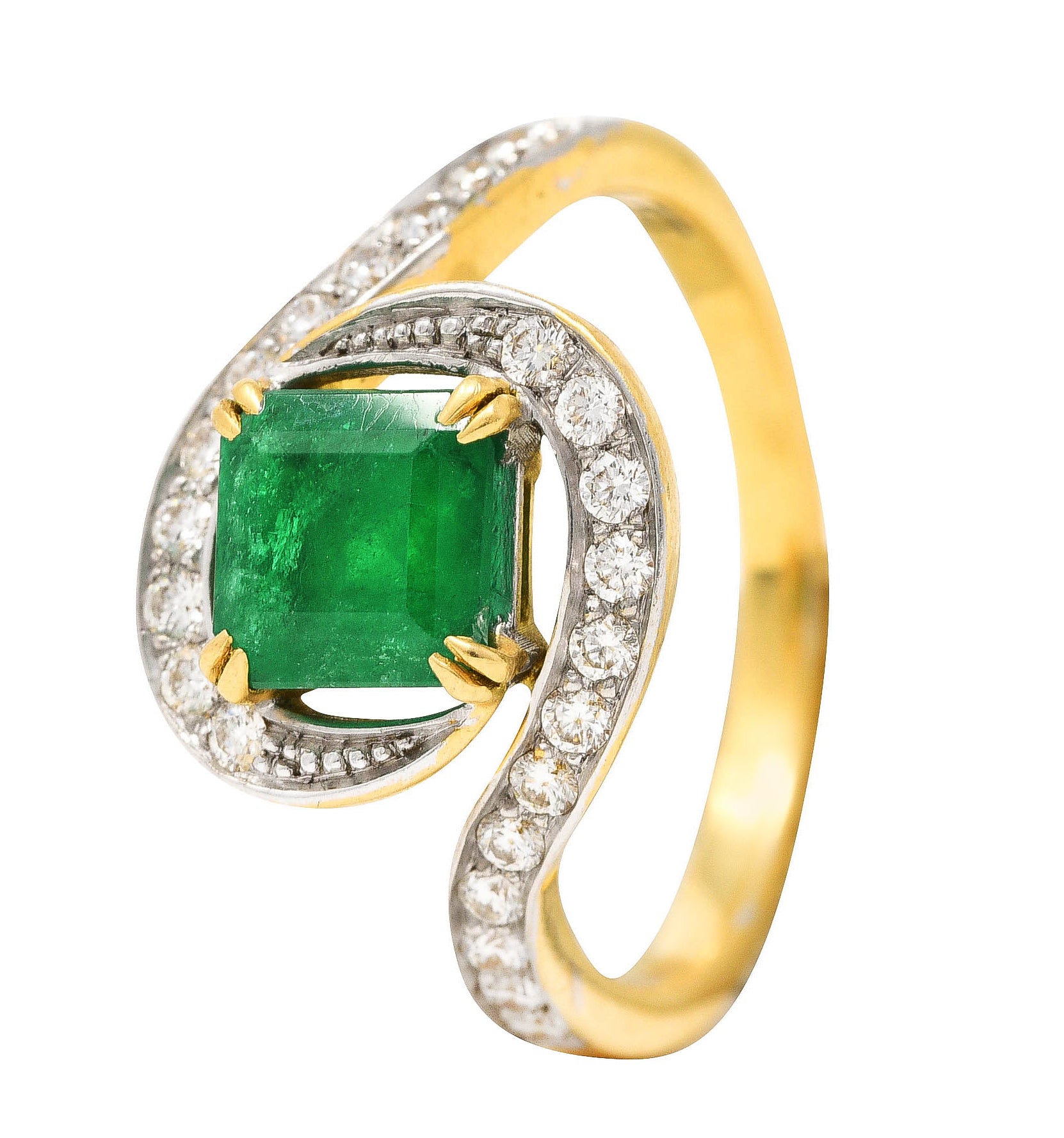 French Maison 1.57 CTW Emerald Diamond 18 Karat Yellow Gold Bypass Ring Wilson's Antique & Estate Jewelry