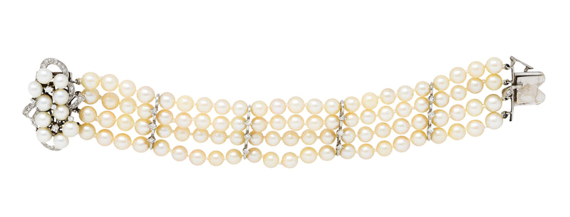 1950's Mid-Century Pearl 1.25 CTW Diamond 14 Karat White Gold Multi-Strand Braceletbracelet - Wilson's Estate Jewelry