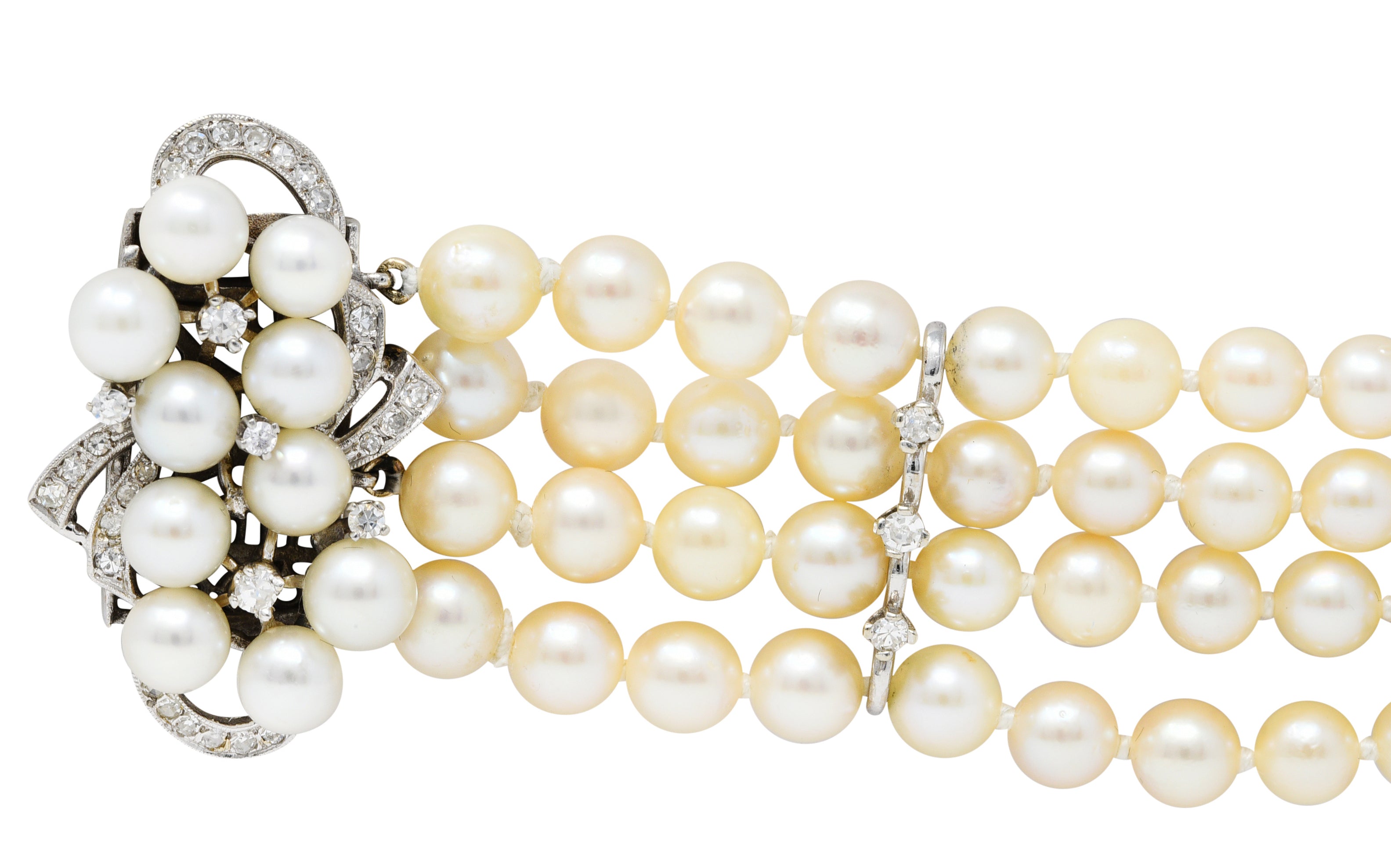 1950's Mid-Century Pearl 1.25 CTW Diamond 14 Karat White Gold Multi-Strand Braceletbracelet - Wilson's Estate Jewelry