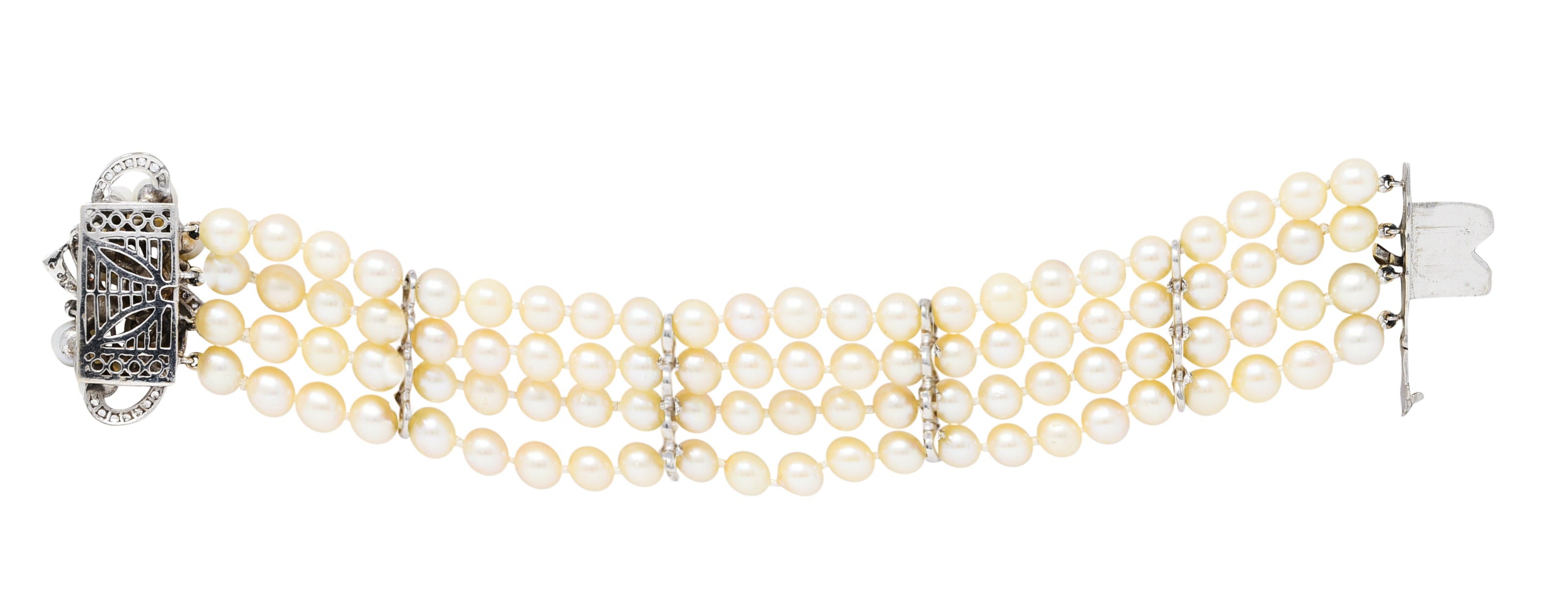 1950's Mid-Century Pearl 1.25 CTW Diamond 14 Karat White Gold Multi-Strand Braceletbracelet - Wilson's Estate Jewelry