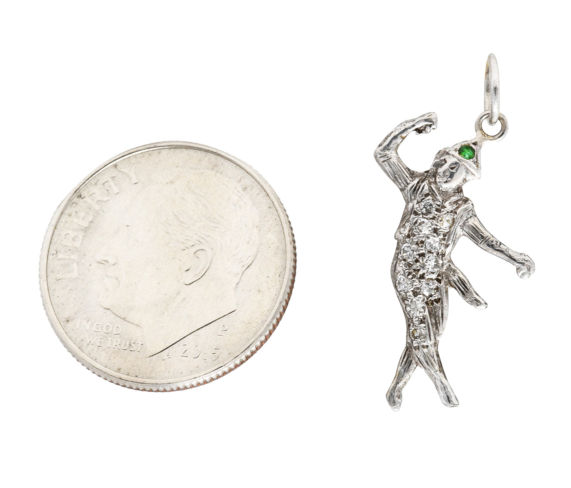 Art Deco Diamond Emerald 14 Karat White Gold Dancer Charm Wilson's Estate Jewelry