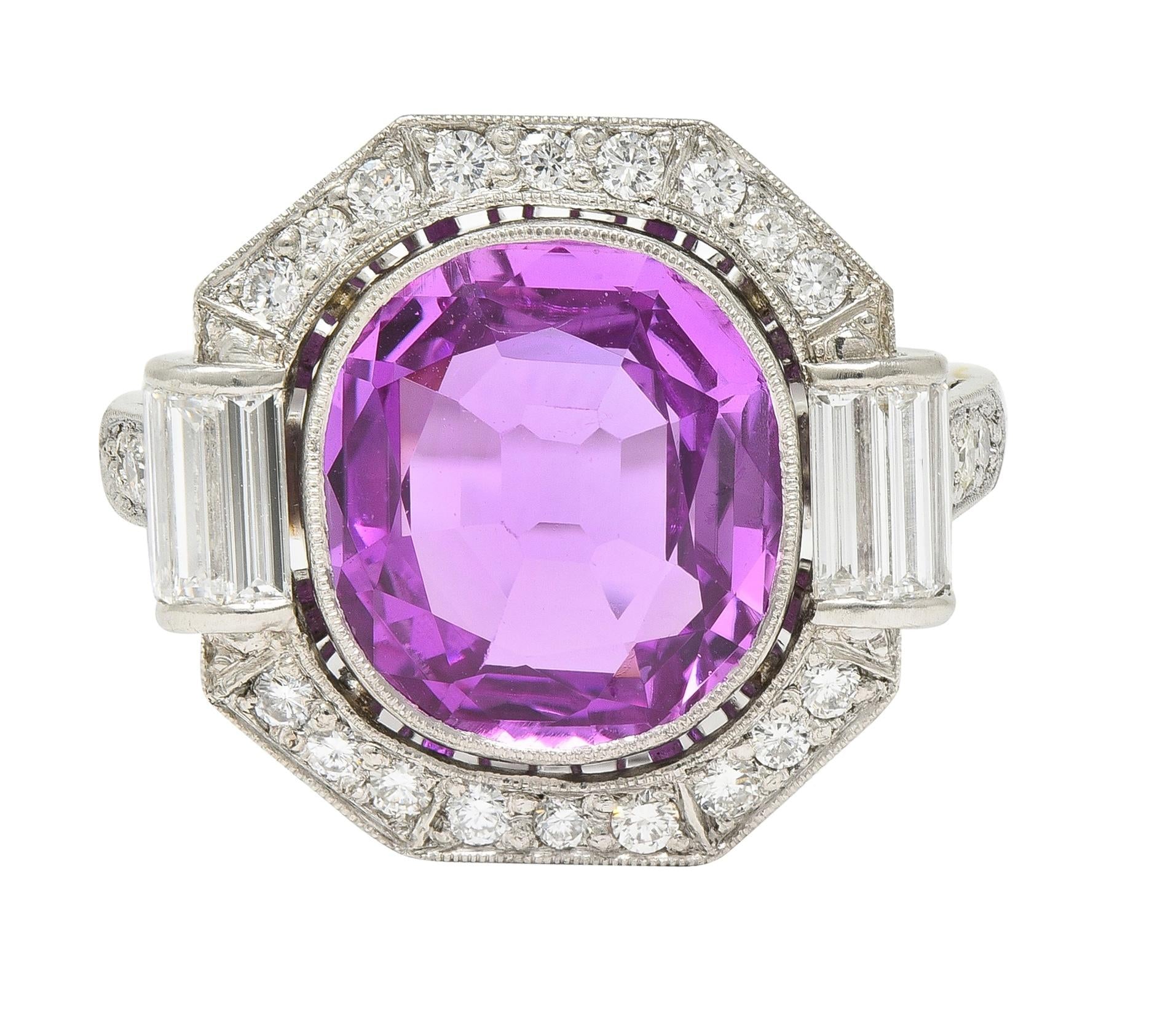 Mid-Century 6.64 CTW No Heat Ceylon Pink Sapphire Diamond Platinum Cluster Ring