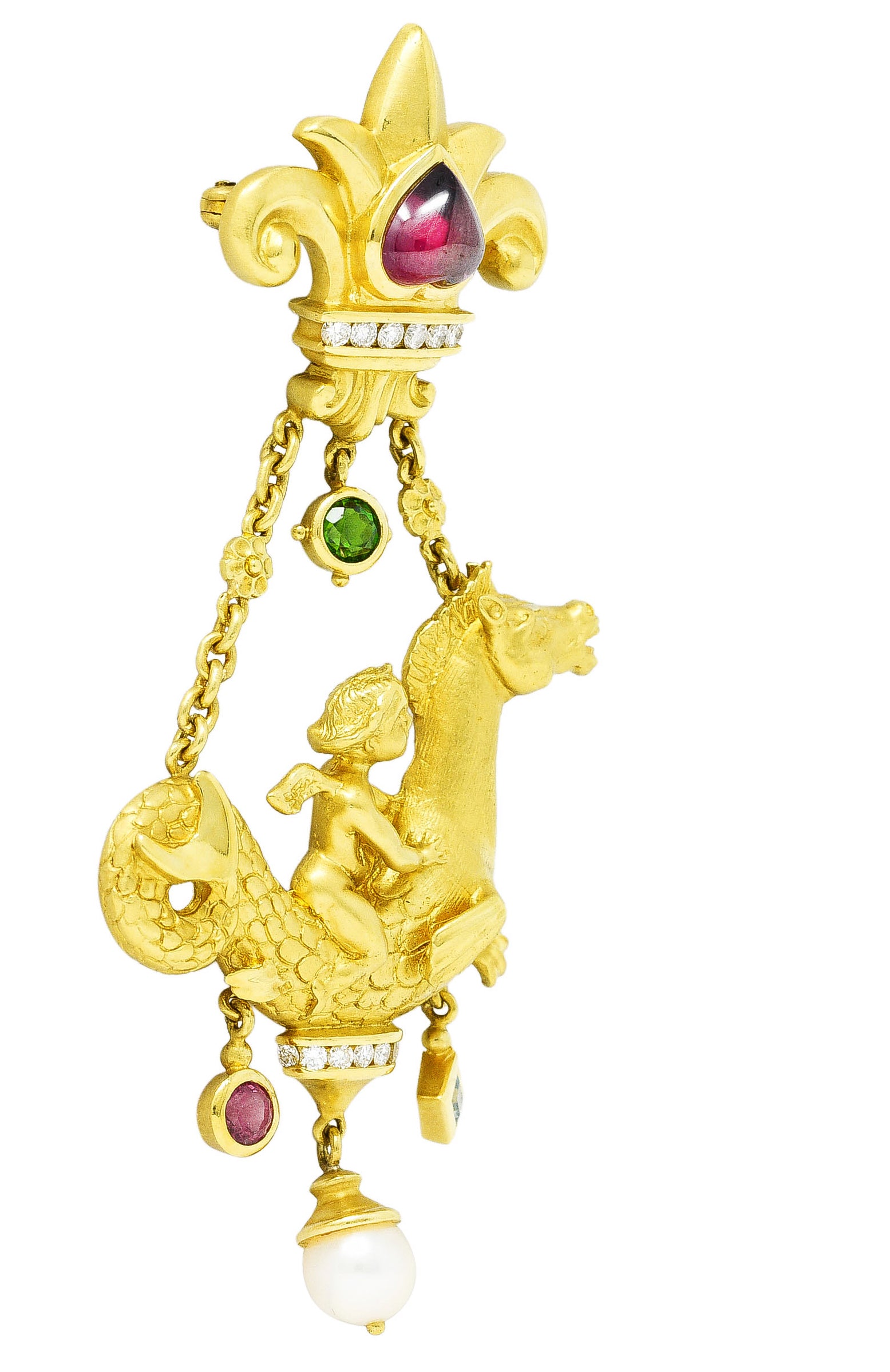 SeidenGang 1980's Diamond Pearl Tourmaline Peridot Aquamarine 18 Karat Yellow Gold Cherub Hippocampus Swagged Vintage Drop Brooch Wilson's Estate Jewelry