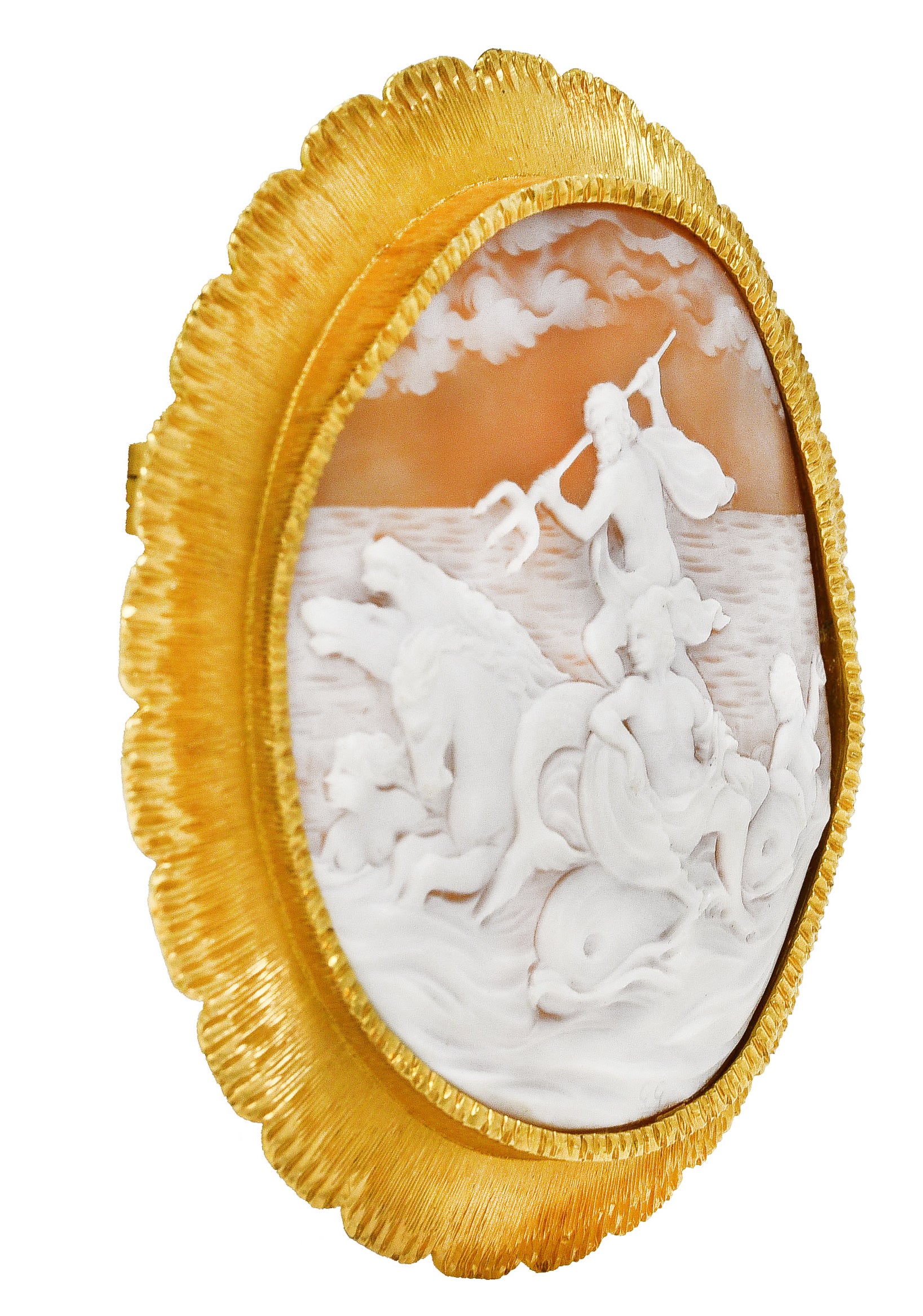 Substantial Buccellati Carved Shell 18 Karat Yellow Gold Poseidon Cameo Vintage Pendant Brooch Wilson's Estate Jewelry