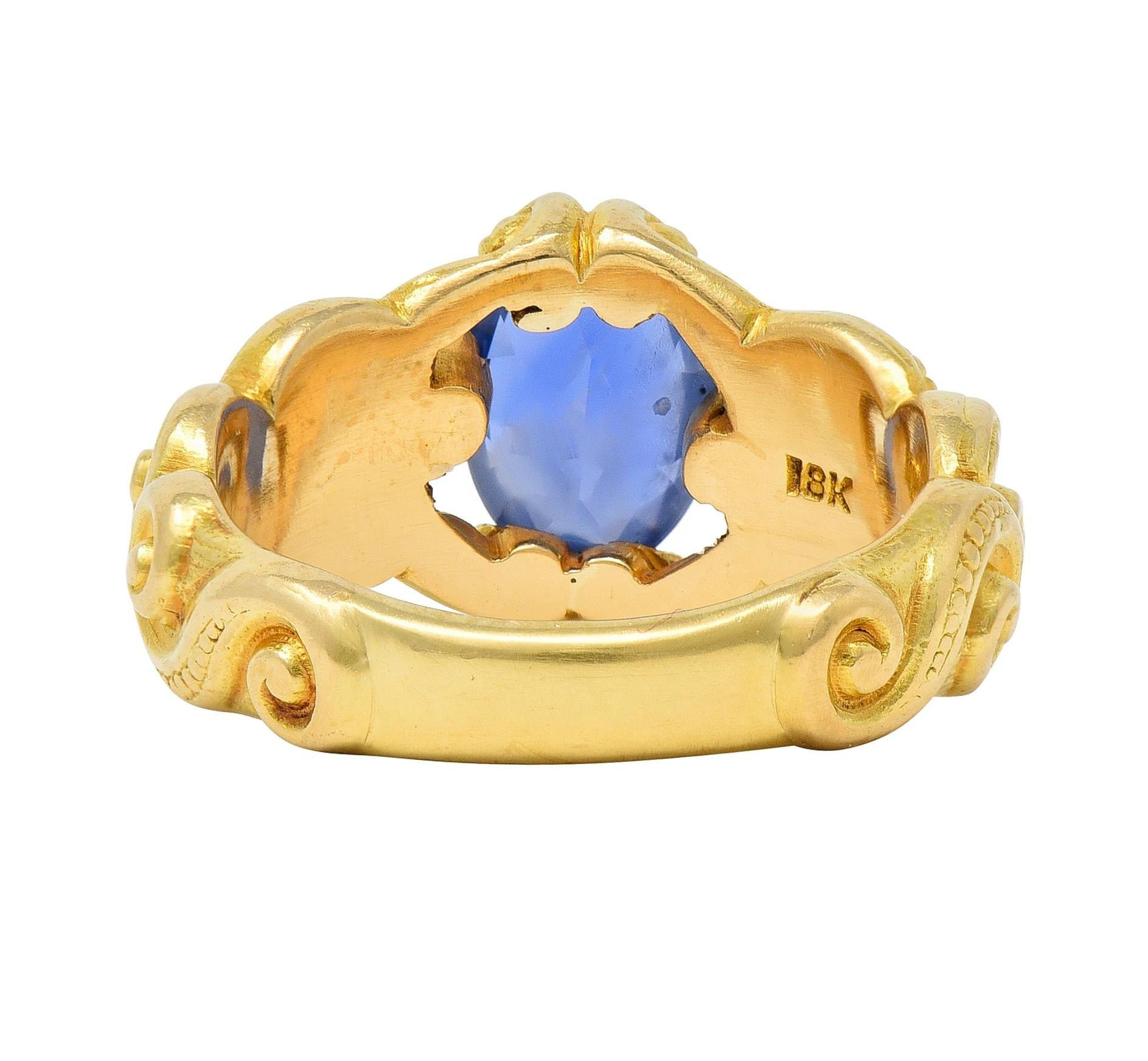 Art Nouveau 2.25 CTW Sapphire Diamond 18 Karat Yellow Gold Antique Swirl Ring