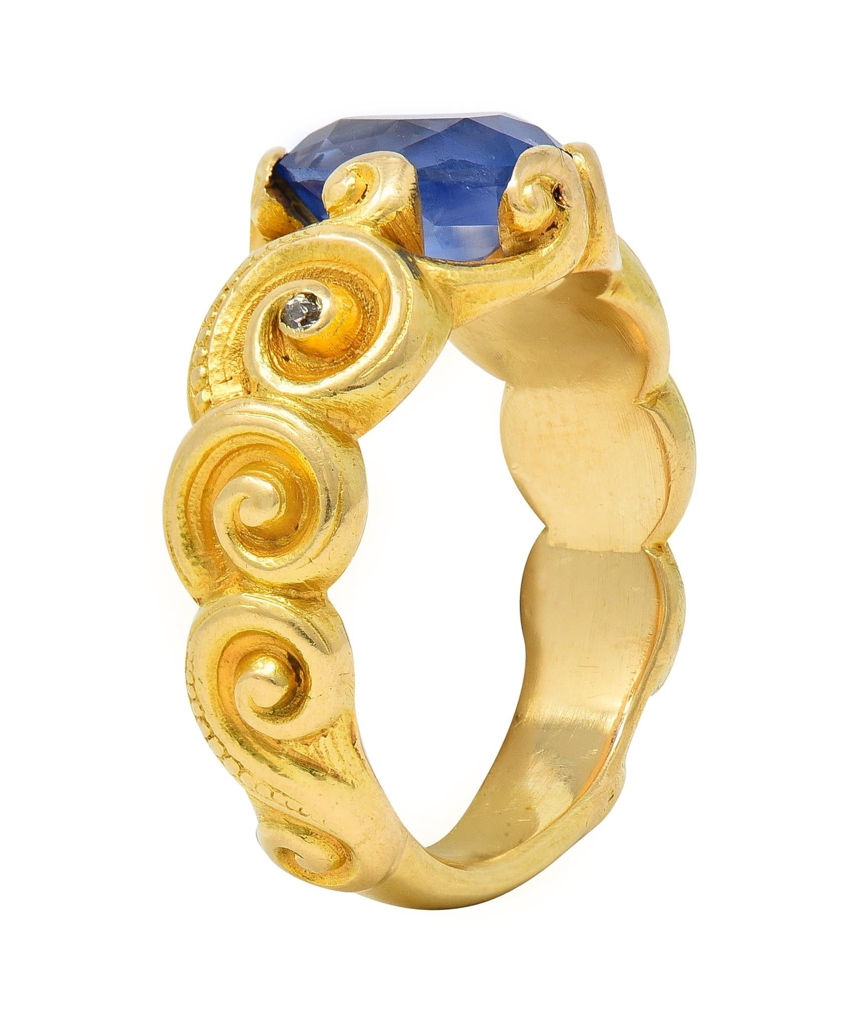 Art Nouveau 2.25 CTW Sapphire Diamond 18 Karat Yellow Gold Antique Swirl Ring