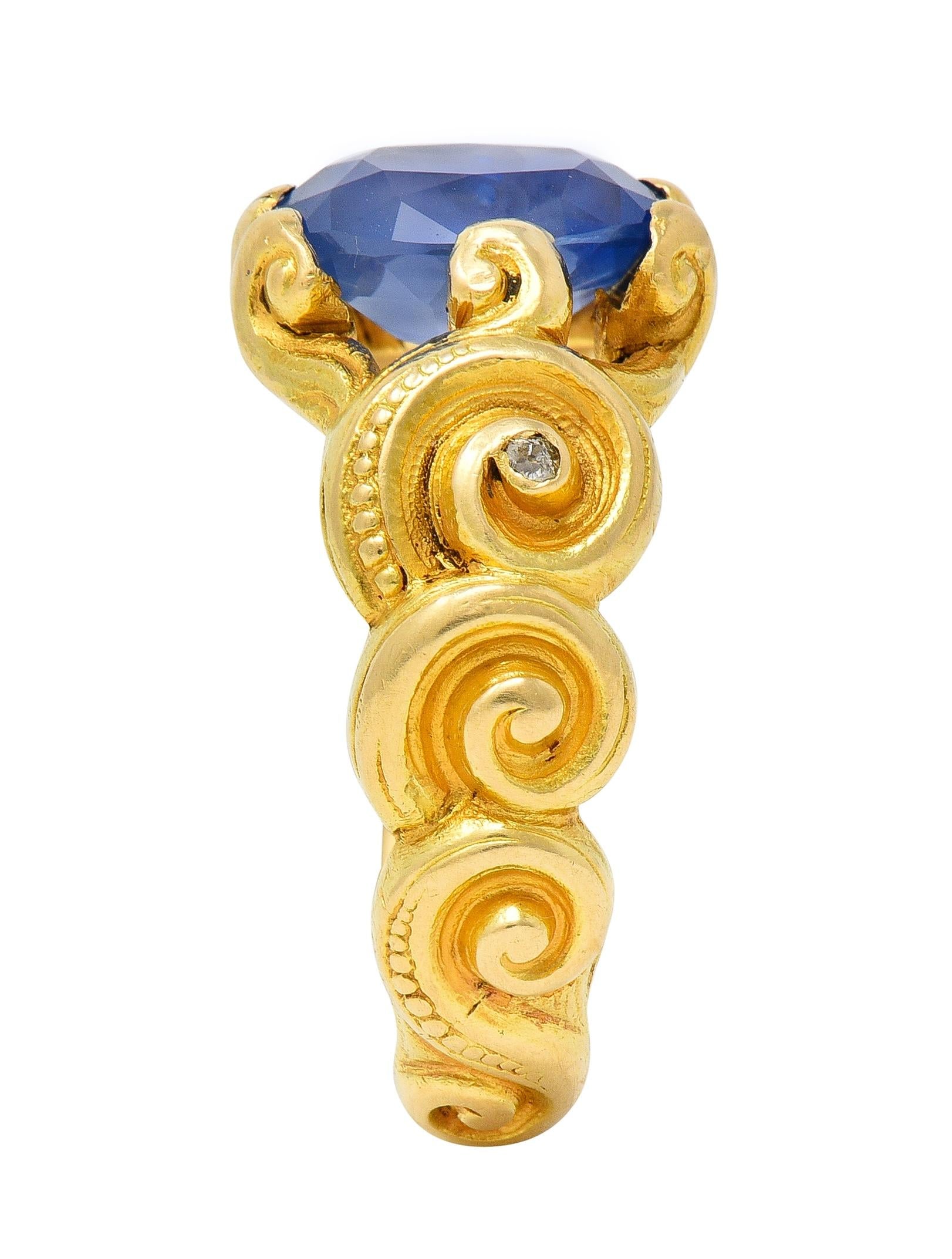 Art Nouveau 2.25 CTW Sapphire Diamond 18 Karat Yellow Gold Antique Swirl Ring