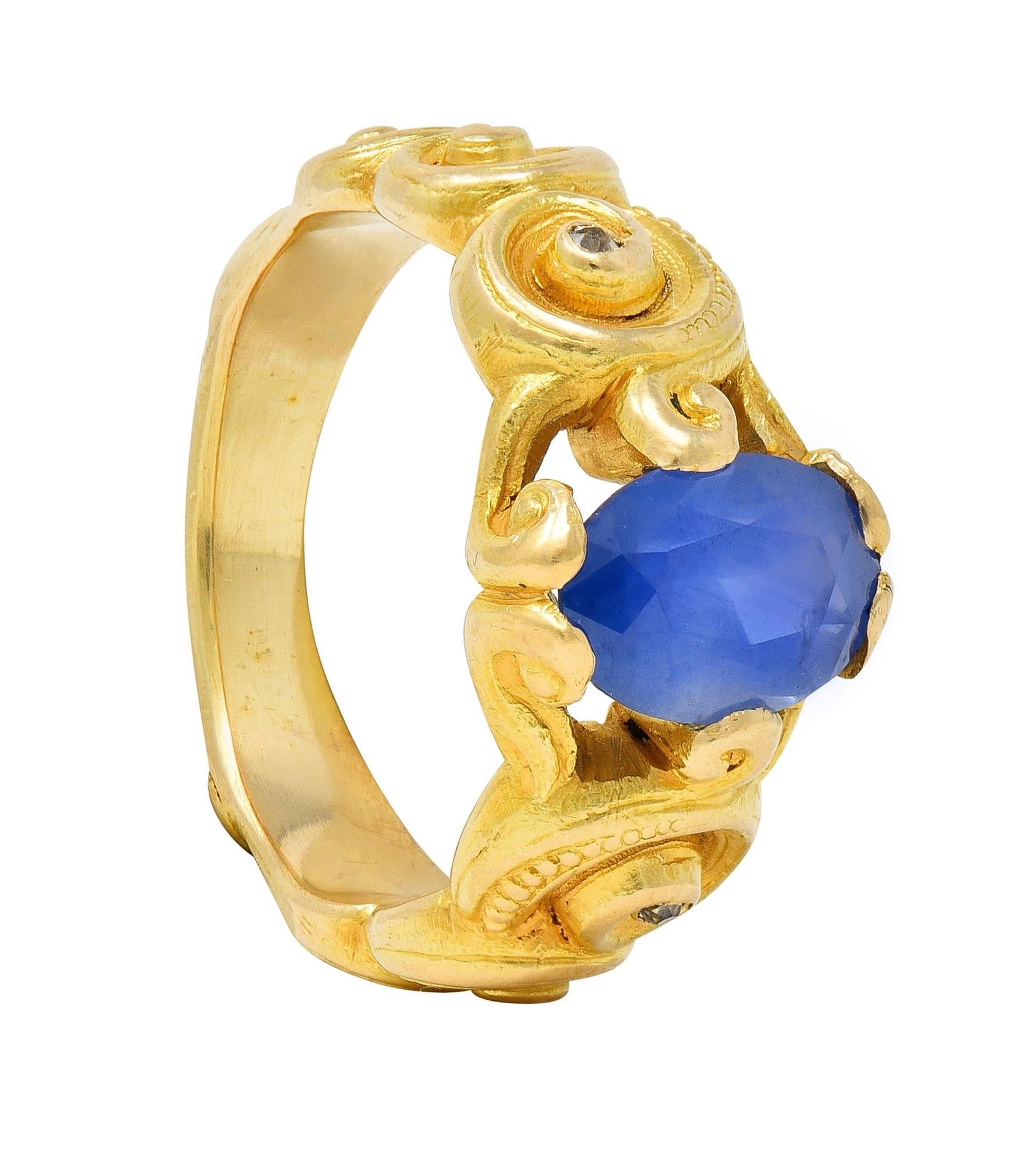 Art Nouveau 2.25 CTW Sapphire Diamond 18 Karat Yellow Gold Antique Swirl Ring