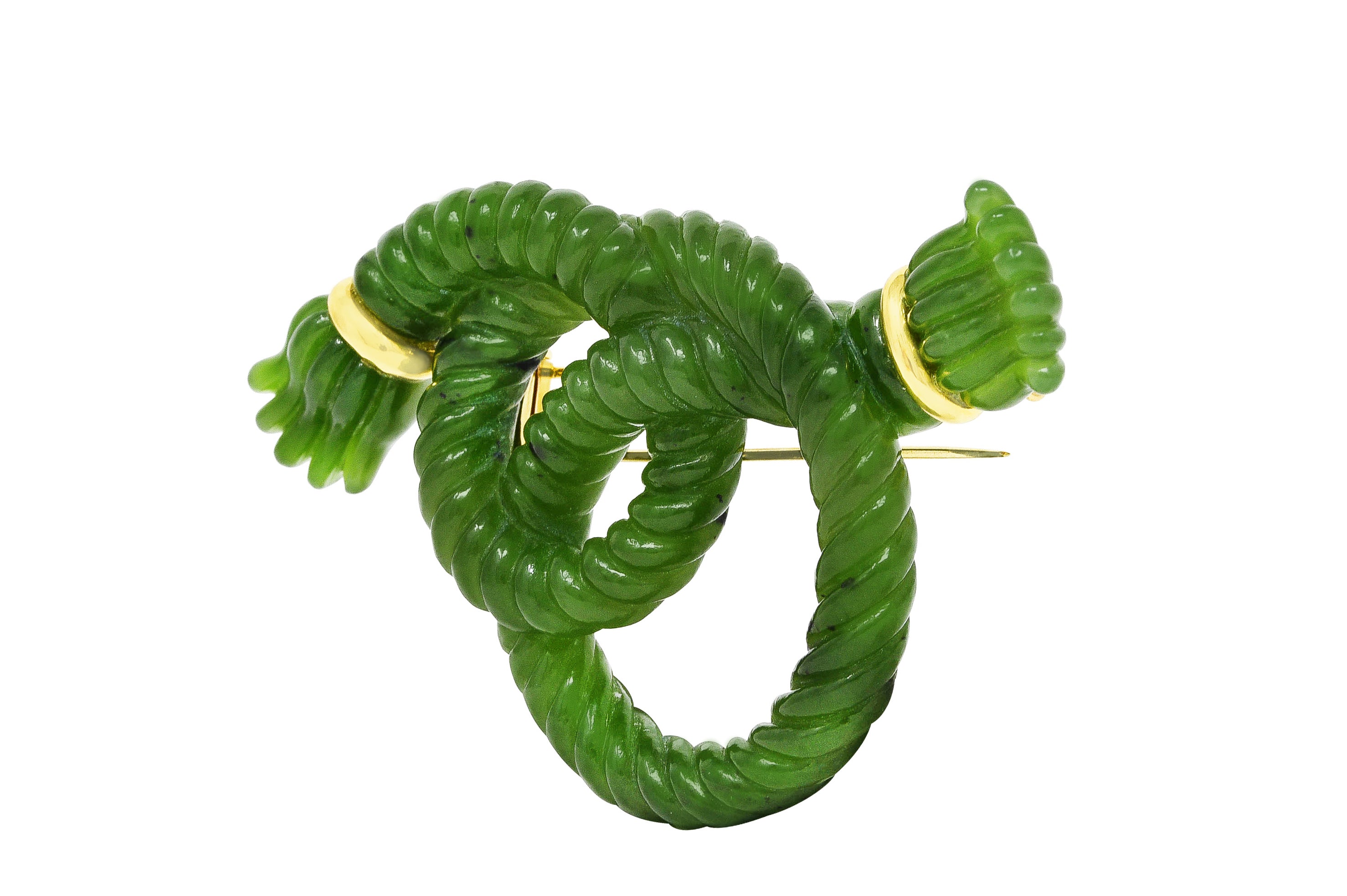 Angela Cummings Nephrite Jade 18 Karat Yellow Gold Rope Knot Vintage Brooch Wilson's Estate Jewelry