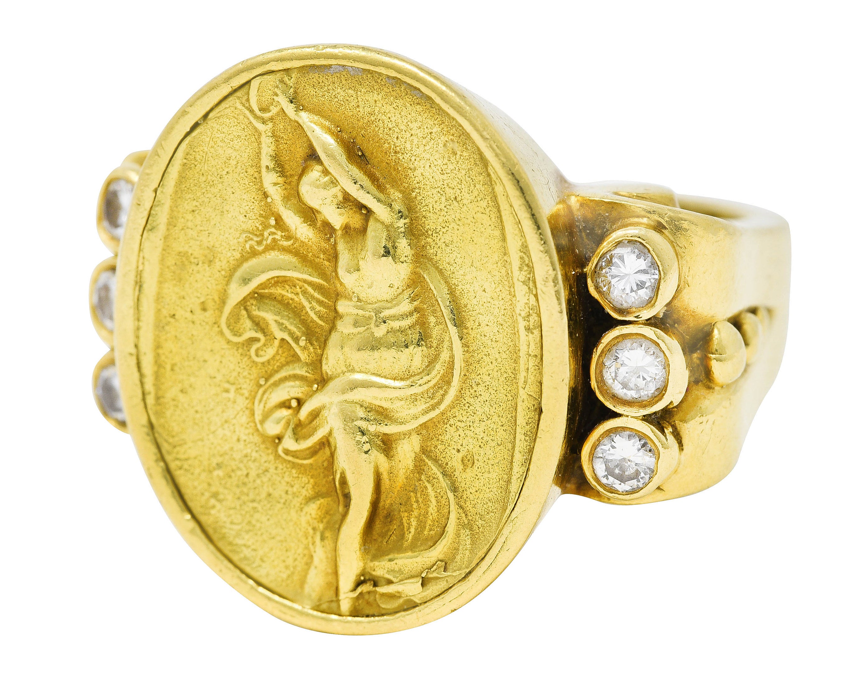 SeidenGang Neoclassical Diamond 18 Karat Yellow Gold Greek Muse Signet Ring Wilson's Antique & Estate Jewelry