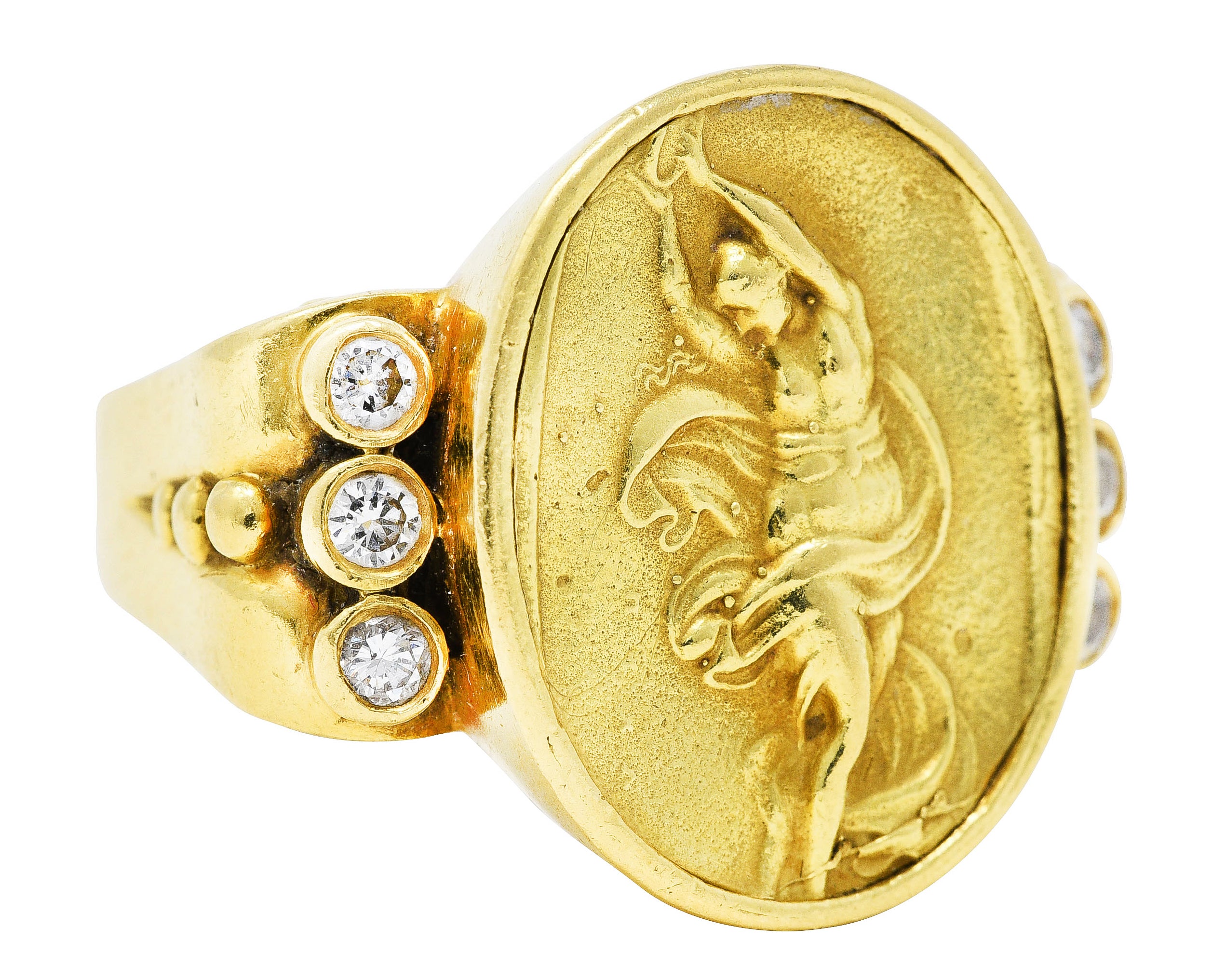 SeidenGang Neoclassical Diamond 18 Karat Yellow Gold Greek Muse Signet Ring Wilson's Antique & Estate Jewelry