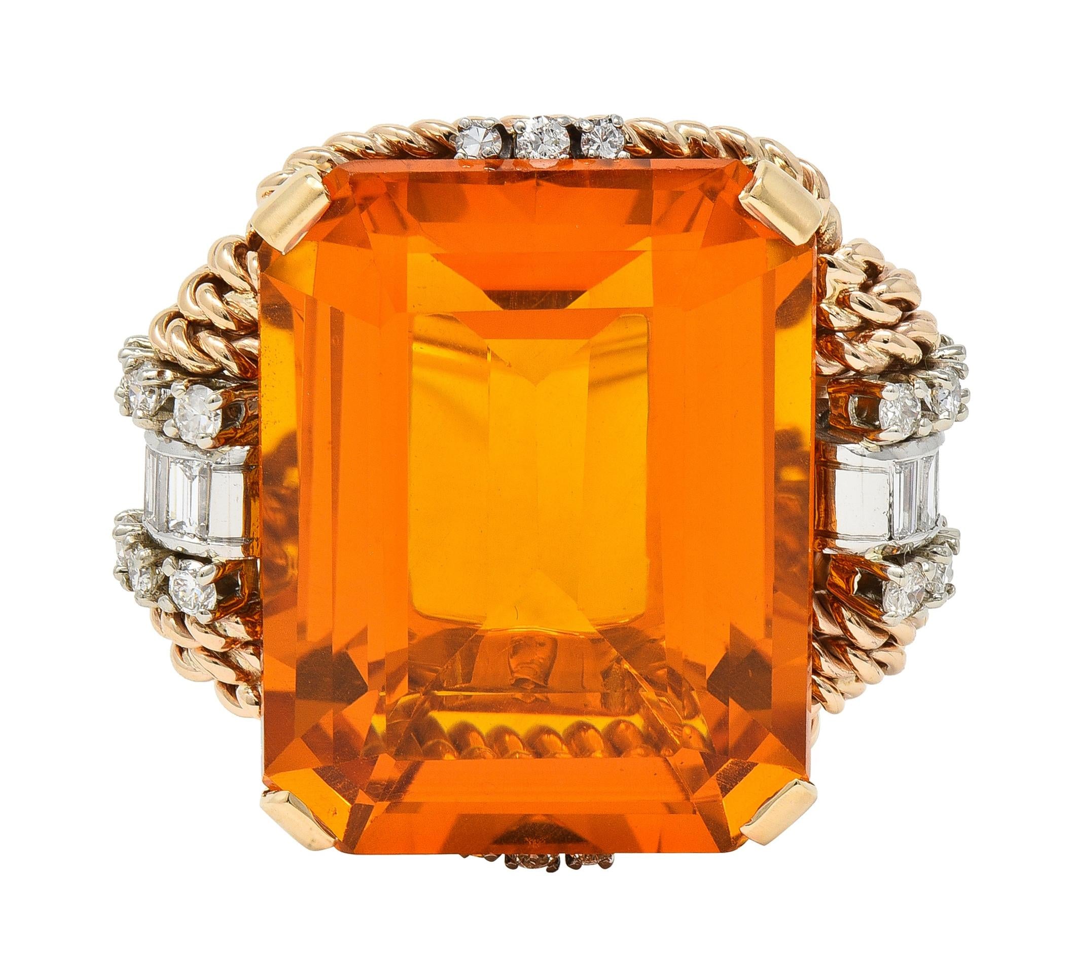 Retro 42.98 CTW Citrine Diamond 14 Karat Two-Tone Gold Rope Cocktail Ring