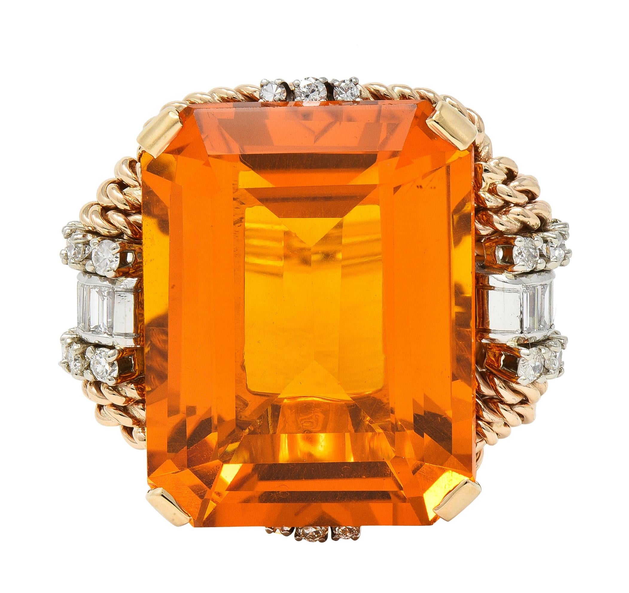 Retro 42.98 CTW Citrine Diamond 14 Karat Two-Tone Gold Rope Cocktail Ring