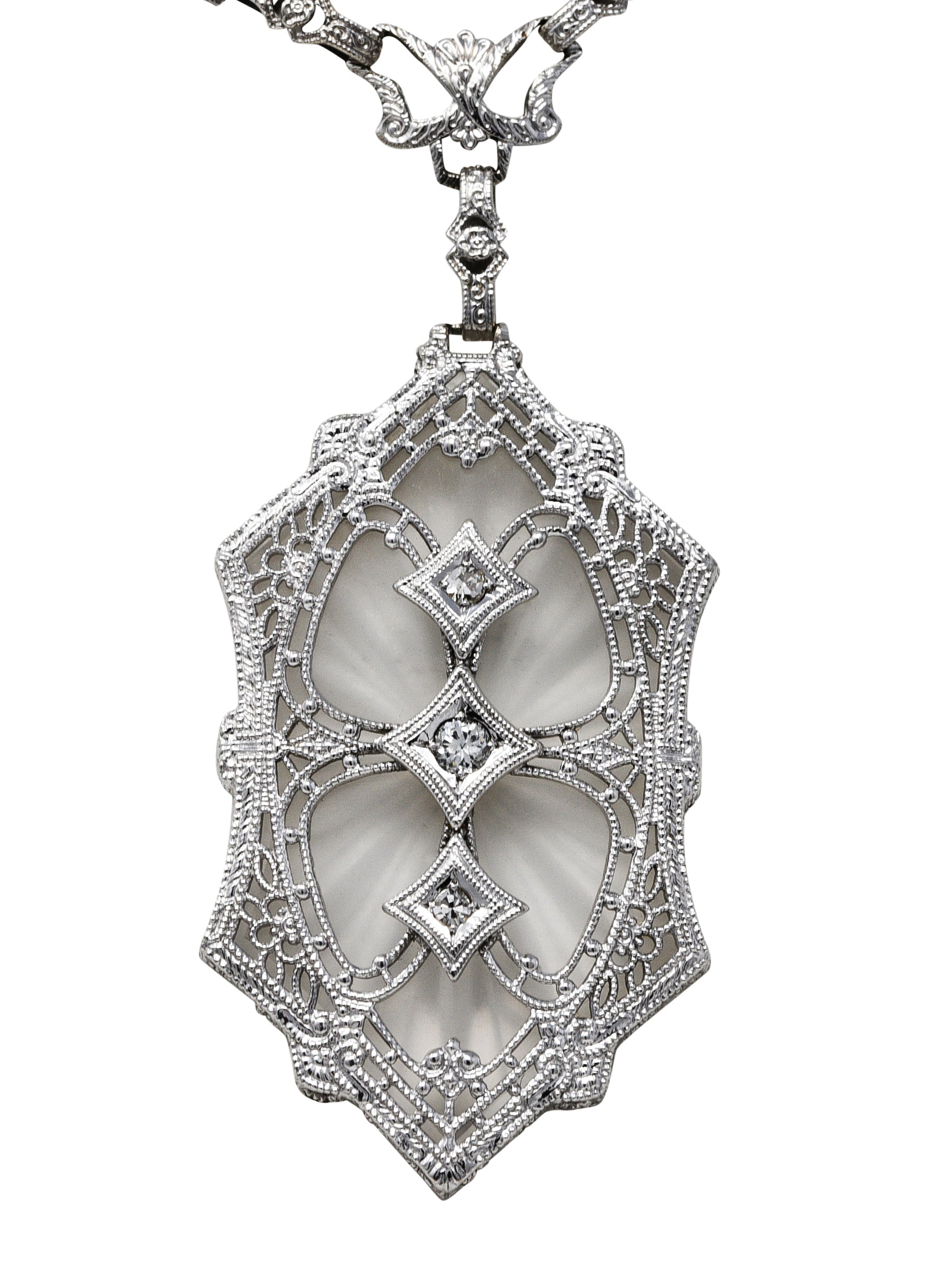 1920's Art Deco Camphor Glass Diamond 14 Karat White Gold Drop NecklaceNecklace - Wilson's Estate Jewelry