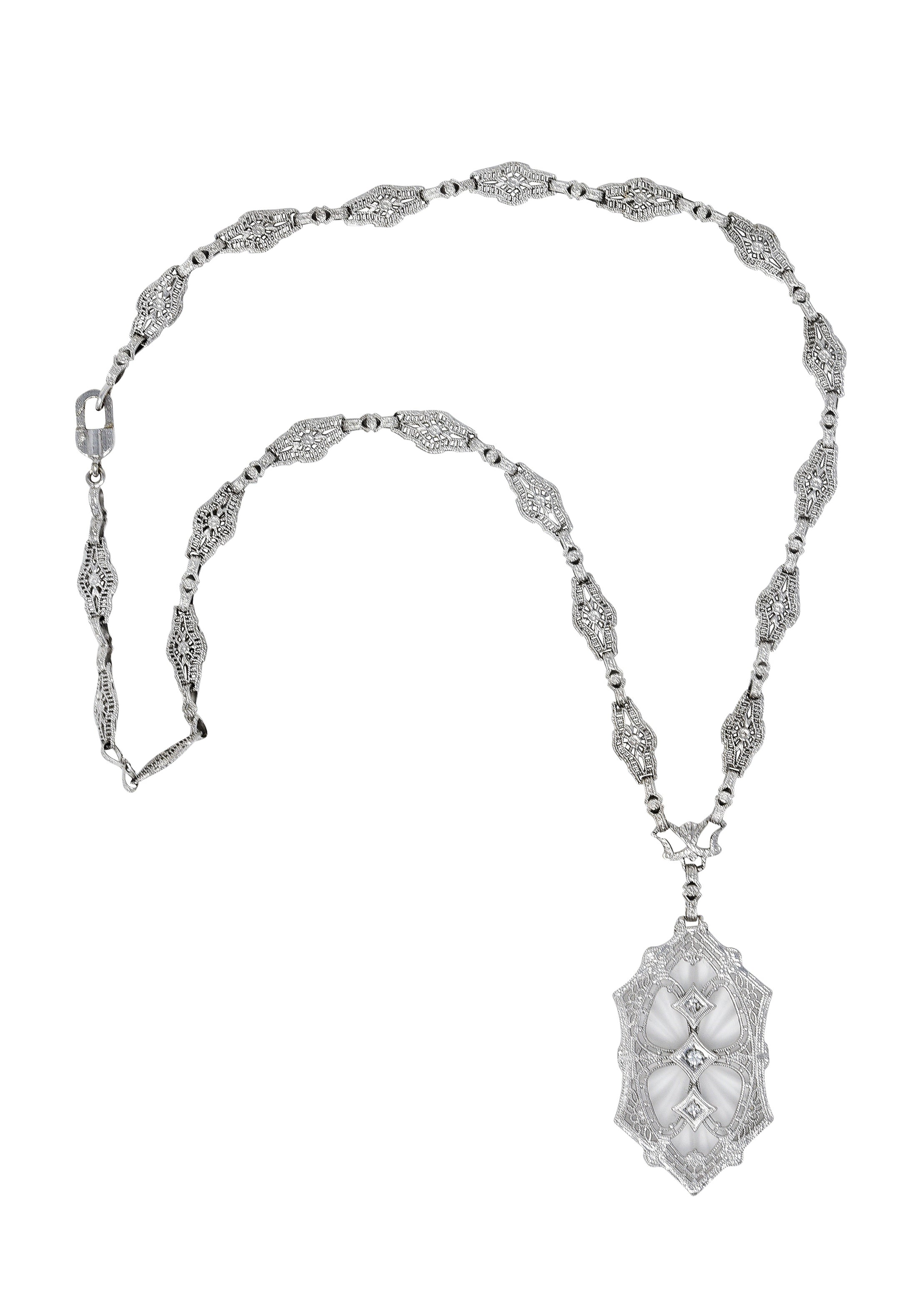 1920's Art Deco Camphor Glass Diamond 14 Karat White Gold Drop NecklaceNecklace - Wilson's Estate Jewelry