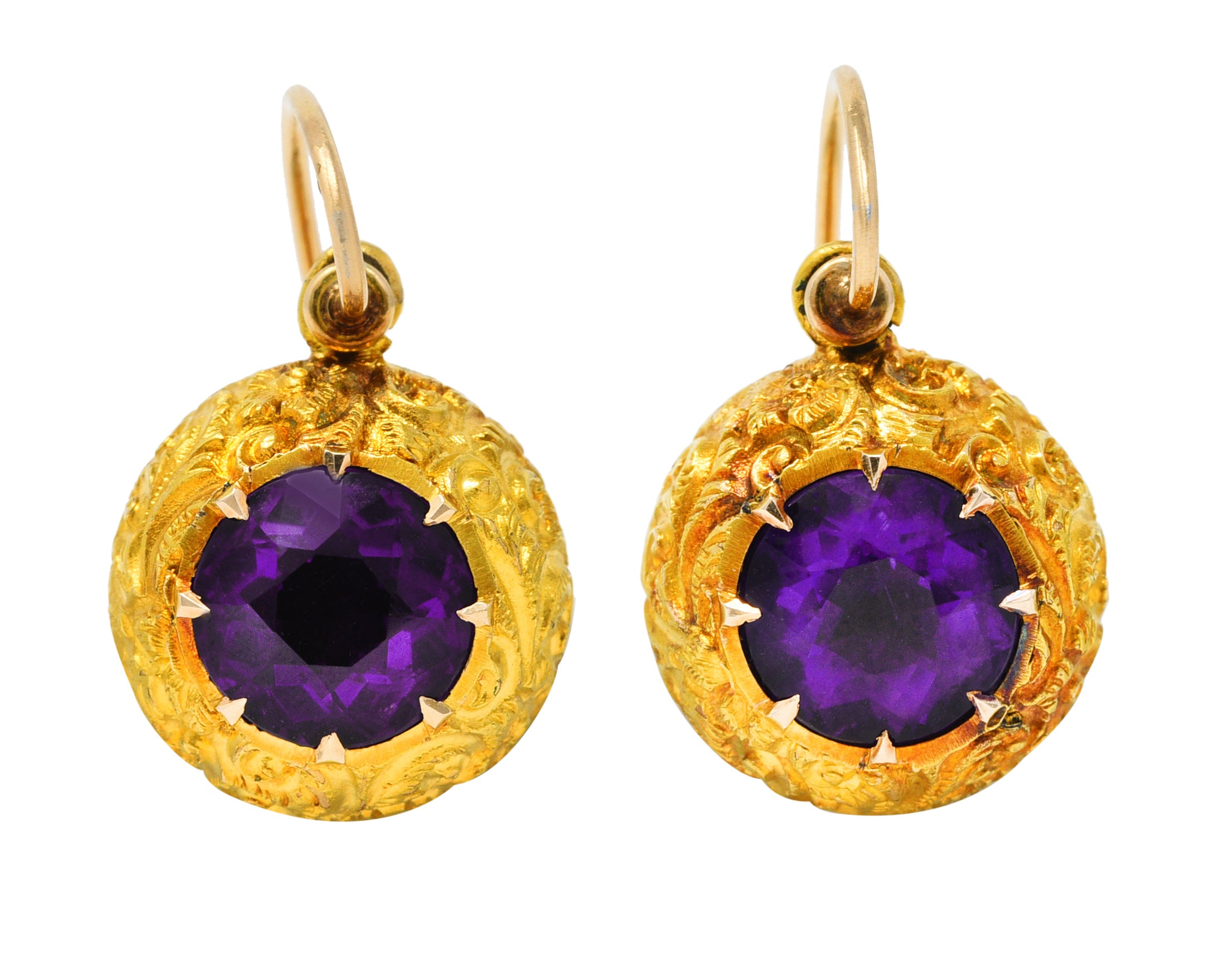 Victorian Amethyst 14 Karat Yellow Gold Repoussé Ball Antique Drop Earrings Wilson's Estate Jewelry