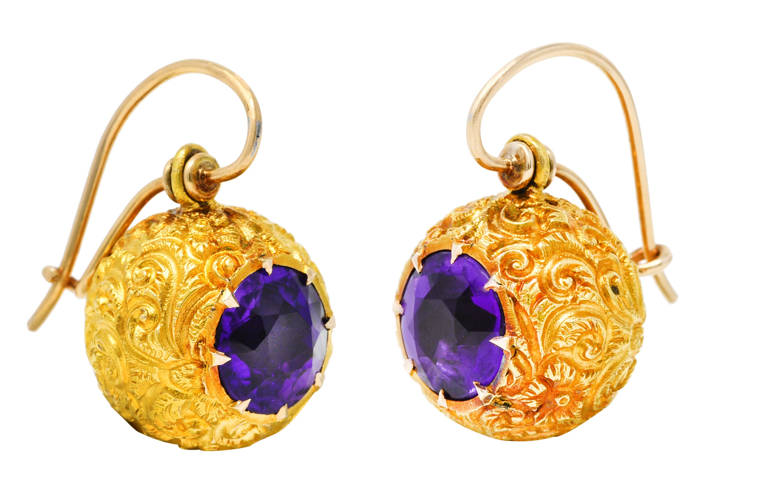 Victorian Amethyst 14 Karat Yellow Gold Repoussé Ball Antique Drop Earrings Wilson's Estate Jewelry