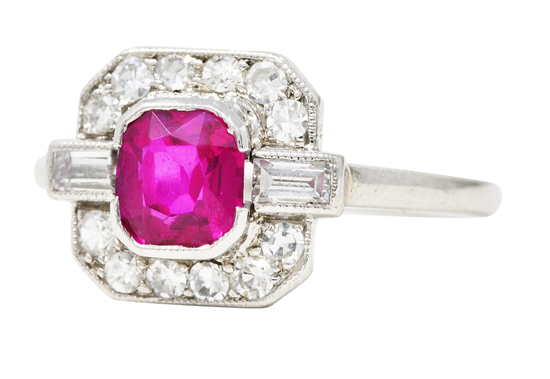 1930's Art Deco 1.15 CTW No Heat Burma Ruby Diamond Platinum Cushion Halo Gemstone Ring GIA Wilson's Estate Jewelry