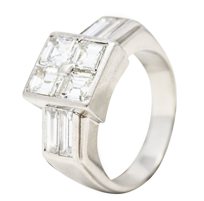 1950's French Mid-Century 3.00 CTW Emerald Cut Diamond Platinum Vintage Mystery Set Ring Wilson's Estate Jewelry