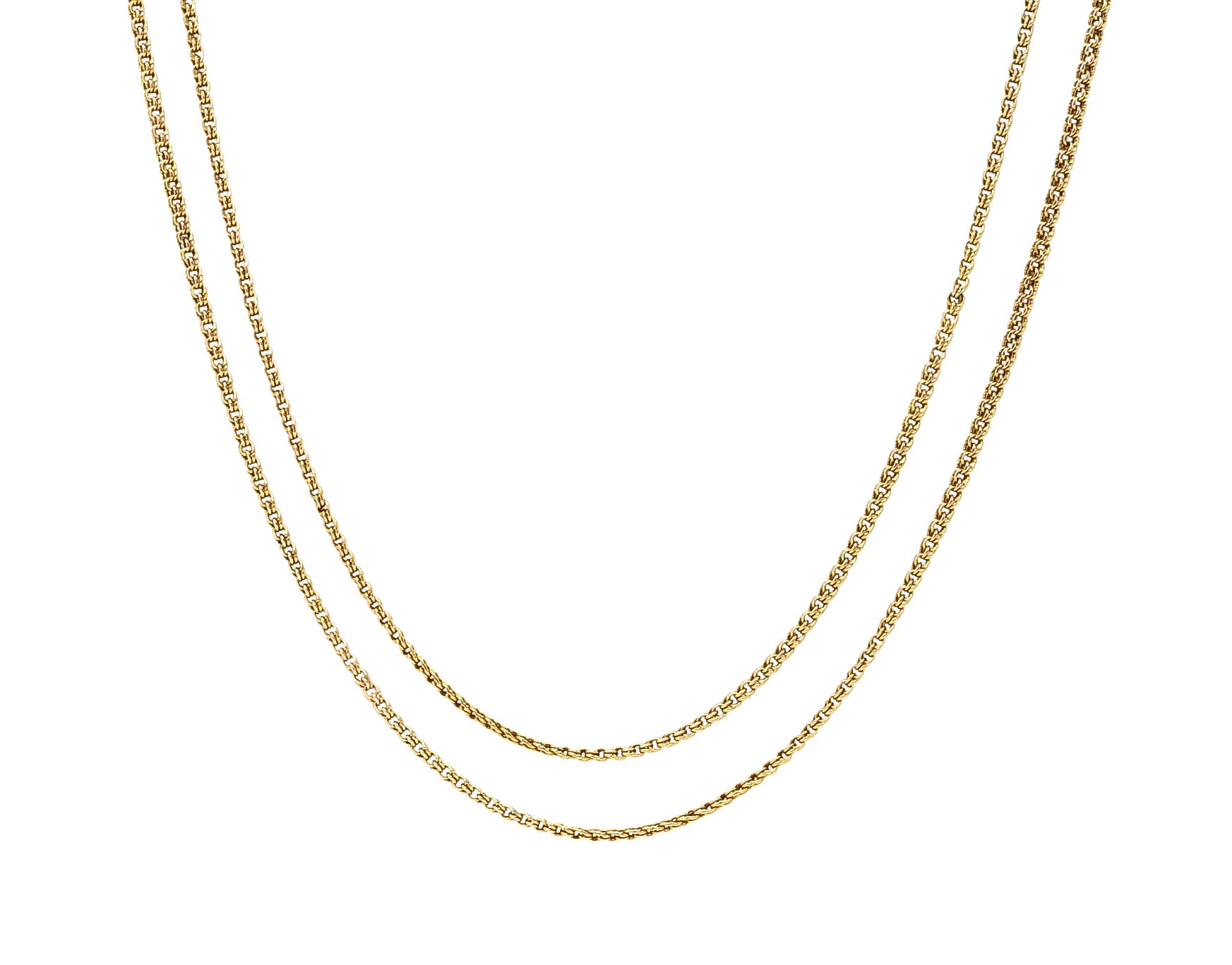 1900 Russian Victorian 14 Karat Yellow Gold 59 Inch Long Curb Chain Lariat Necklace Wilson's Antique & Estate Jewelry