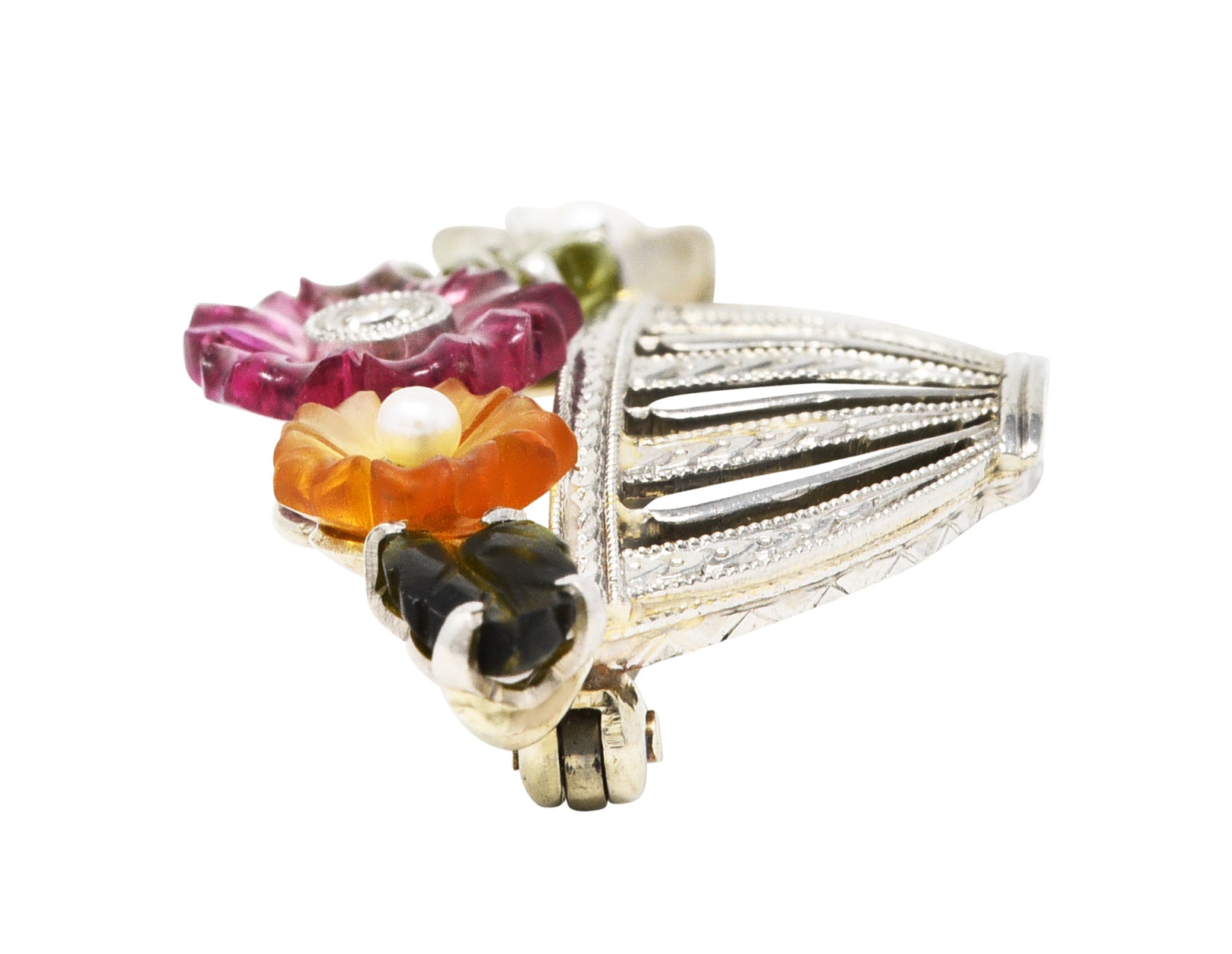 Krementz Art Deco Diamond Pearl Tourmaline Citrine Moonstone 14 Karat White Gold Giardinetto Pendant BroochBrooch - Wilson's Estate Jewelry