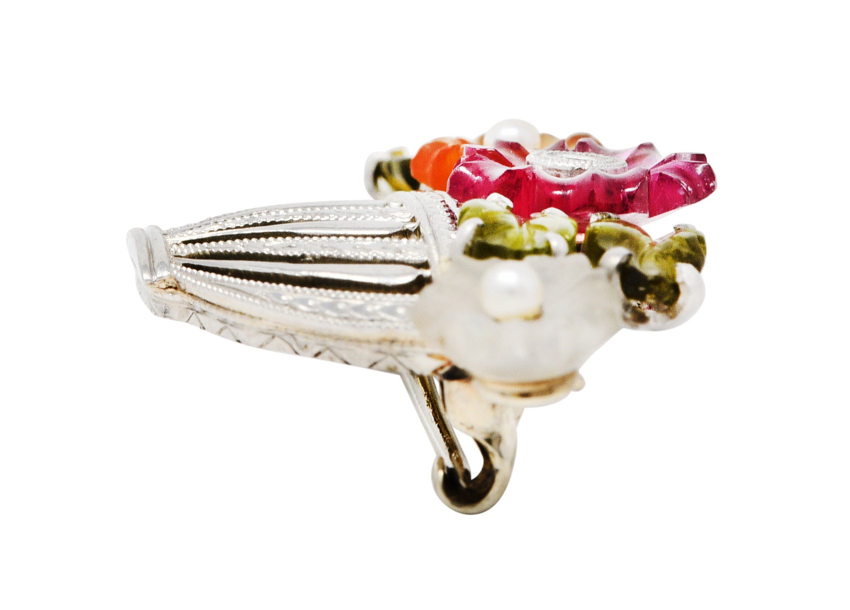 Krementz Art Deco Diamond Pearl Tourmaline Citrine Moonstone 14 Karat White Gold Giardinetto Pendant BroochBrooch - Wilson's Estate Jewelry